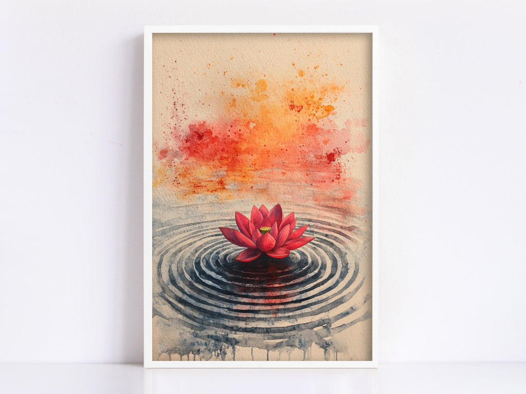 A framed painting depicting a red lotus flower floating on a rippled surface, with a warm, orange and red background.