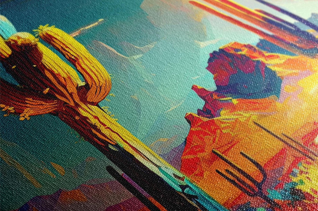The image is a vibrant, colorful painting featuring a desert landscape with a cactus in the foreground. The painting has a textured, abstract style with bold brushstrokes and a mix of warm and cool colors, creating a dynamic and energetic visual experience.