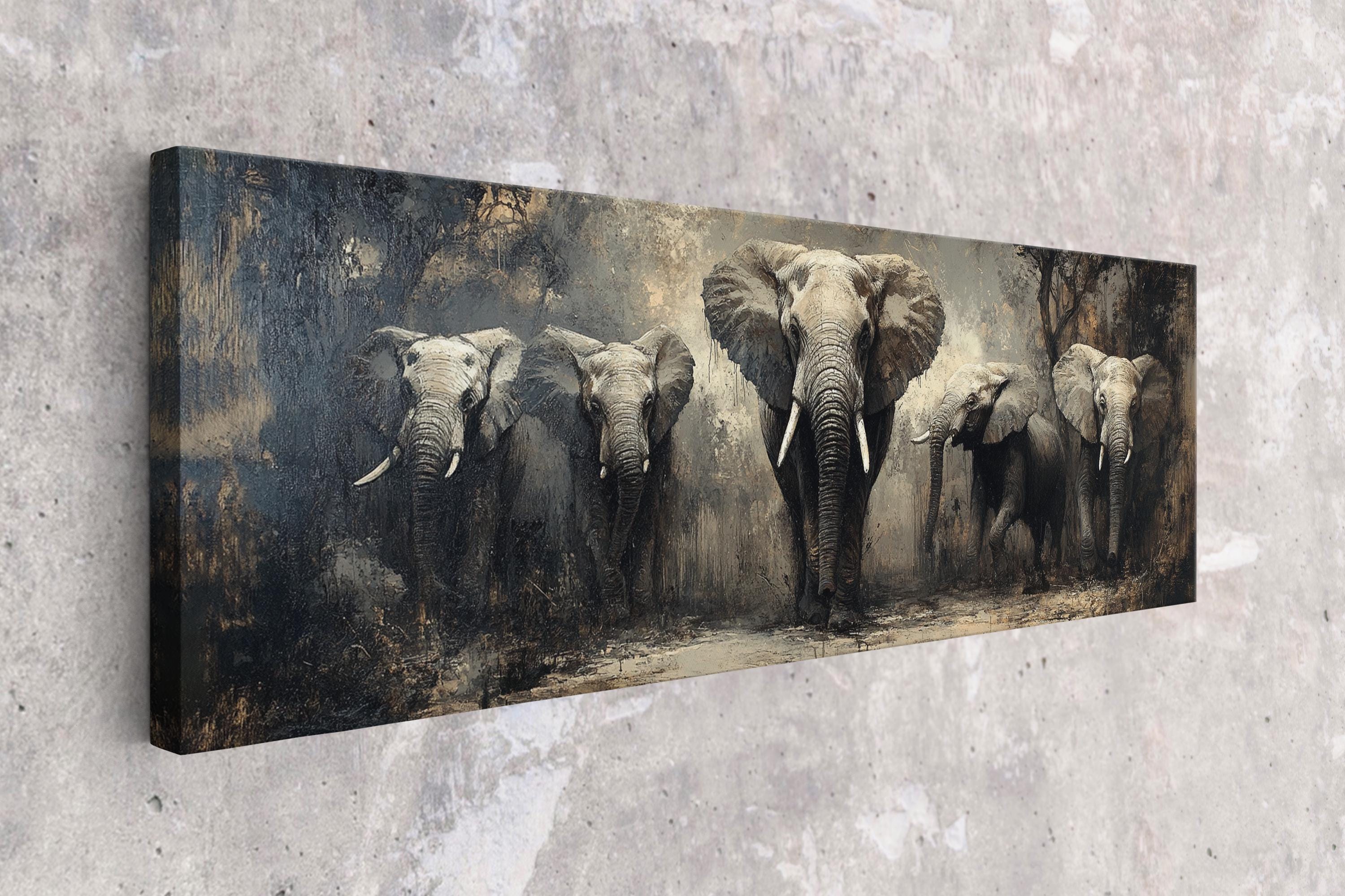 a painting of a group of elephants on a wall