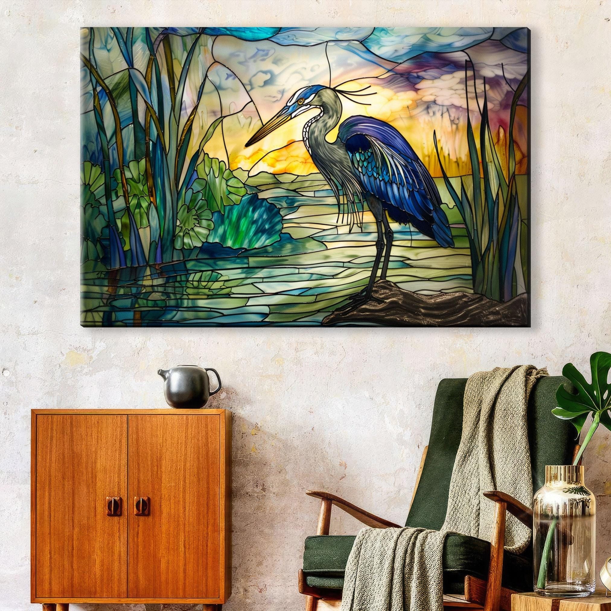 Blue Heron Wall Art - Large Stained Glass Canvas Print | Coastal Home Decor