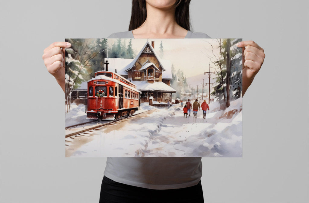 Winter Train Station Watercolor - Christmas Wall Art, Giclee Print on Canvas, Artist Paper, Watercolor Paper, Available in Extra Large Sizes