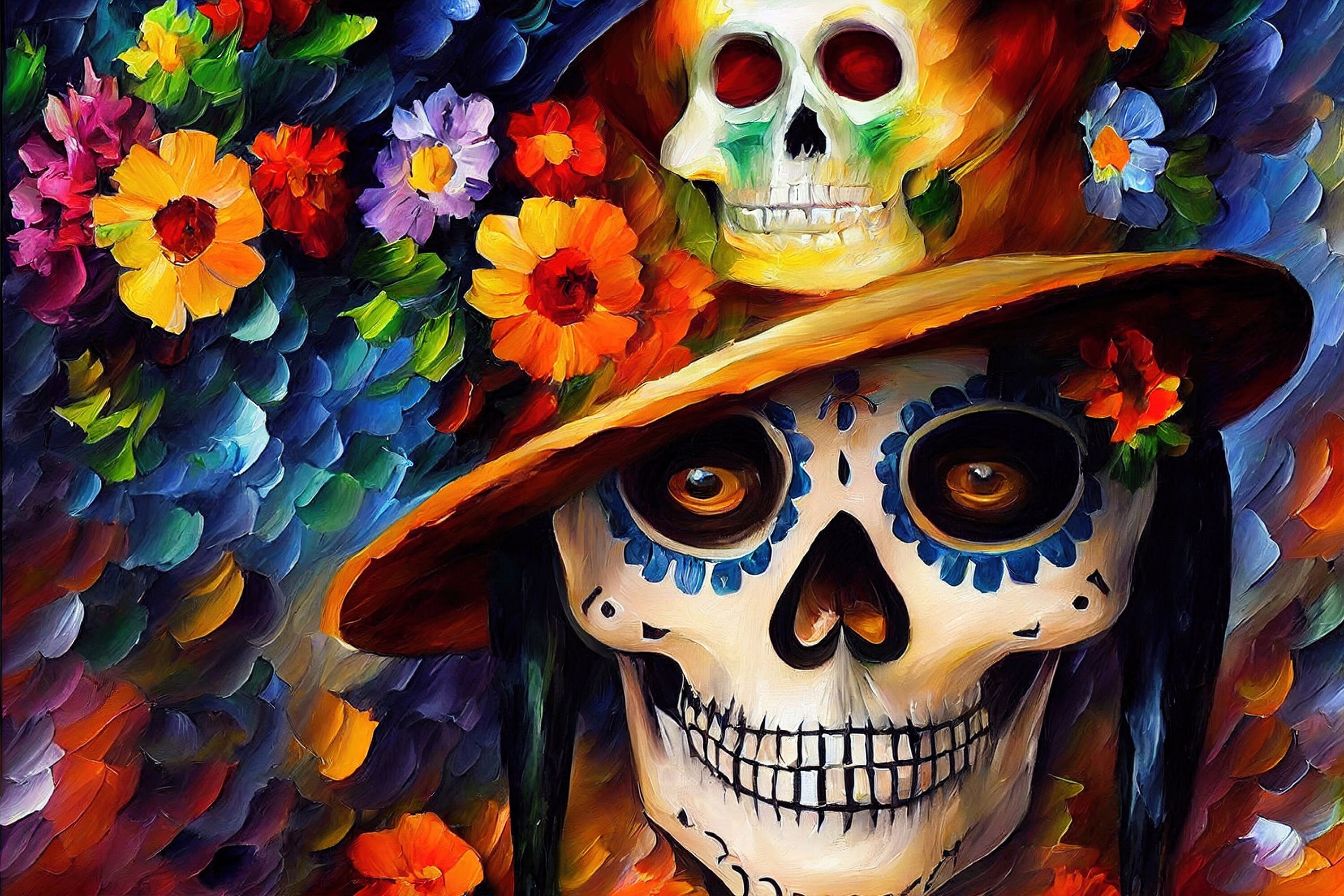 Dia De Los Muertos Canvas – Colorful Sugar Skull Painting on Gallery Ready Frame