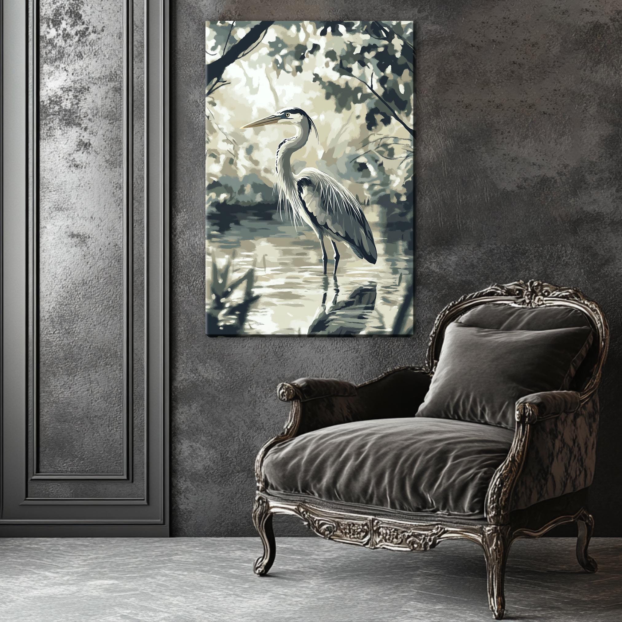 a chair in a room with a painting on the wall