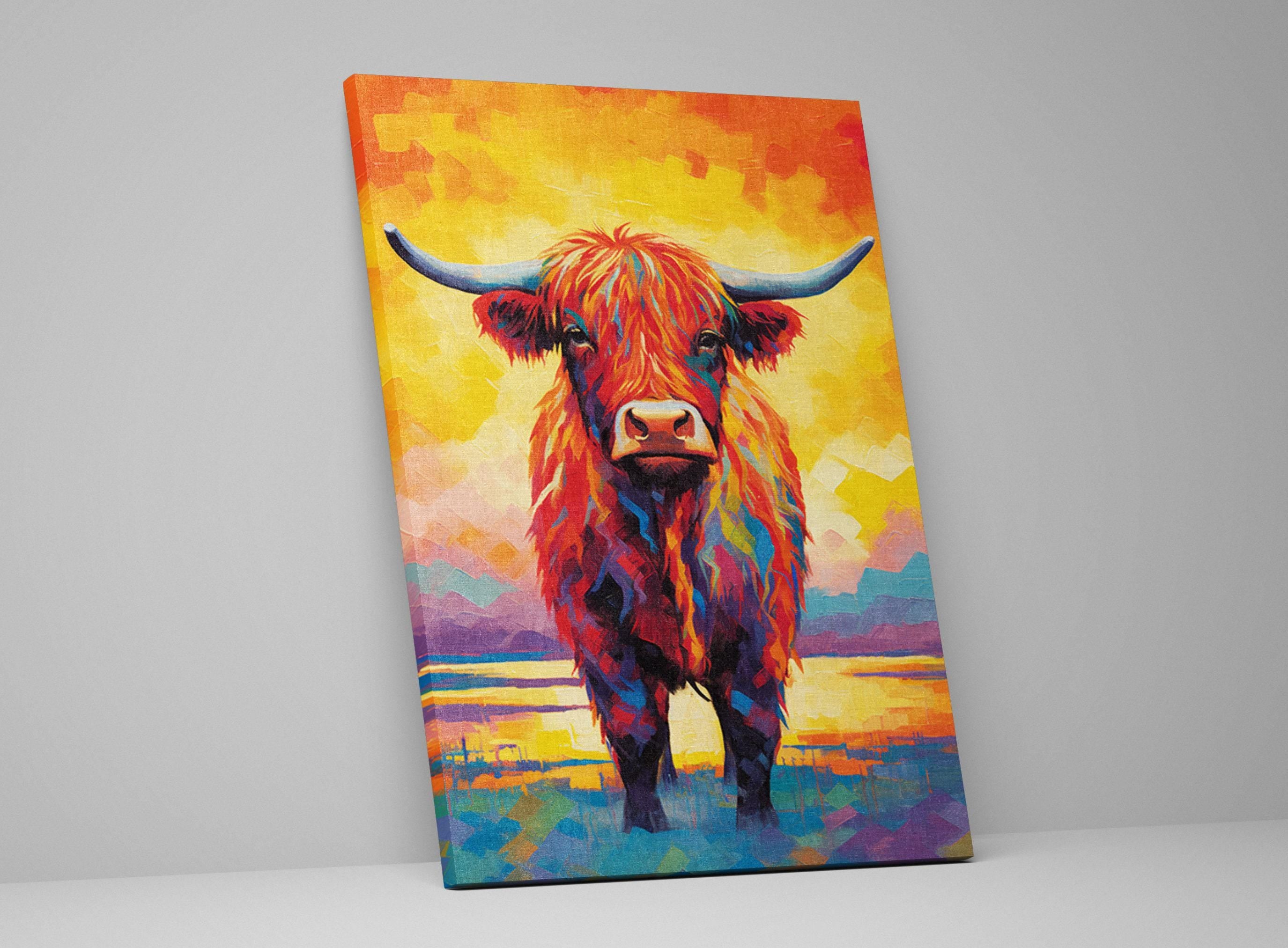 Highland Cow Canvas – Rustic Farmhouse Wall Art, Large Colorful Cow Painting