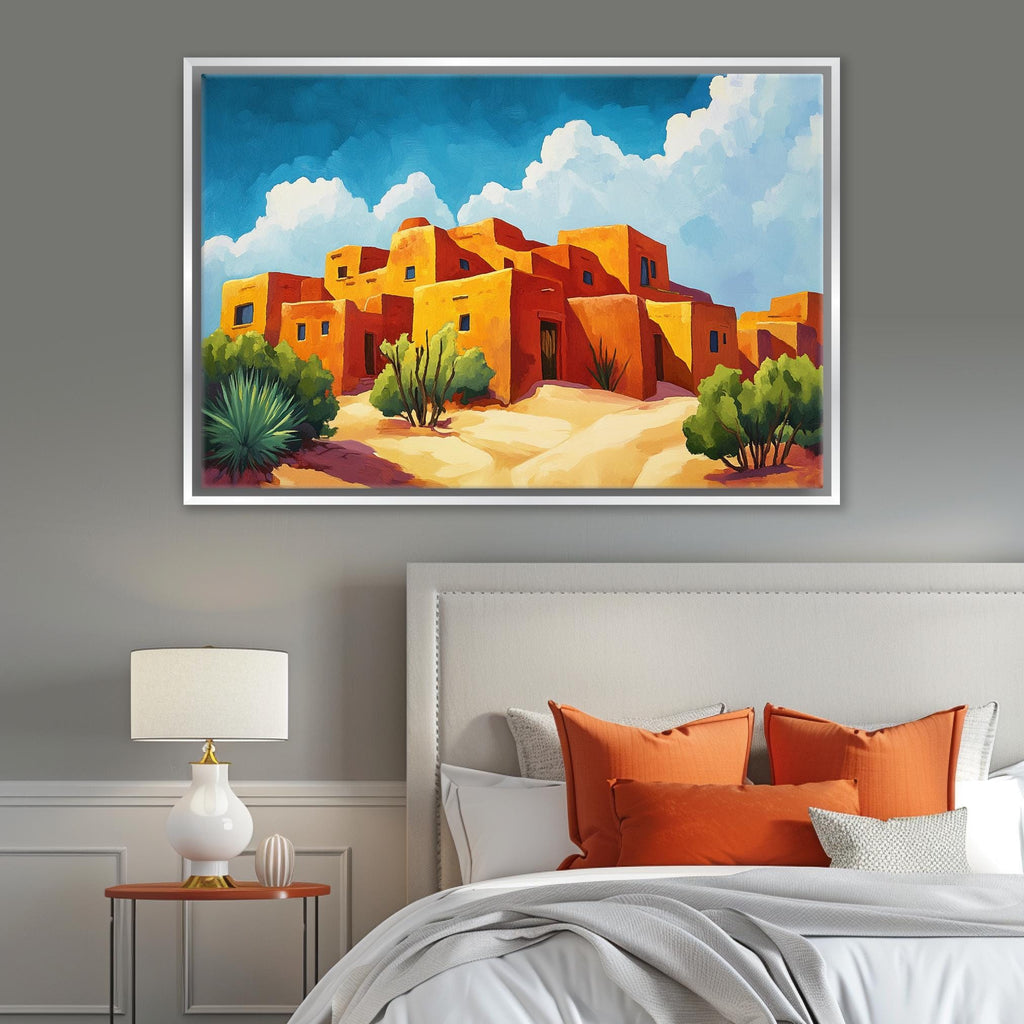 a bedroom scene with a bed and a painting on the wall