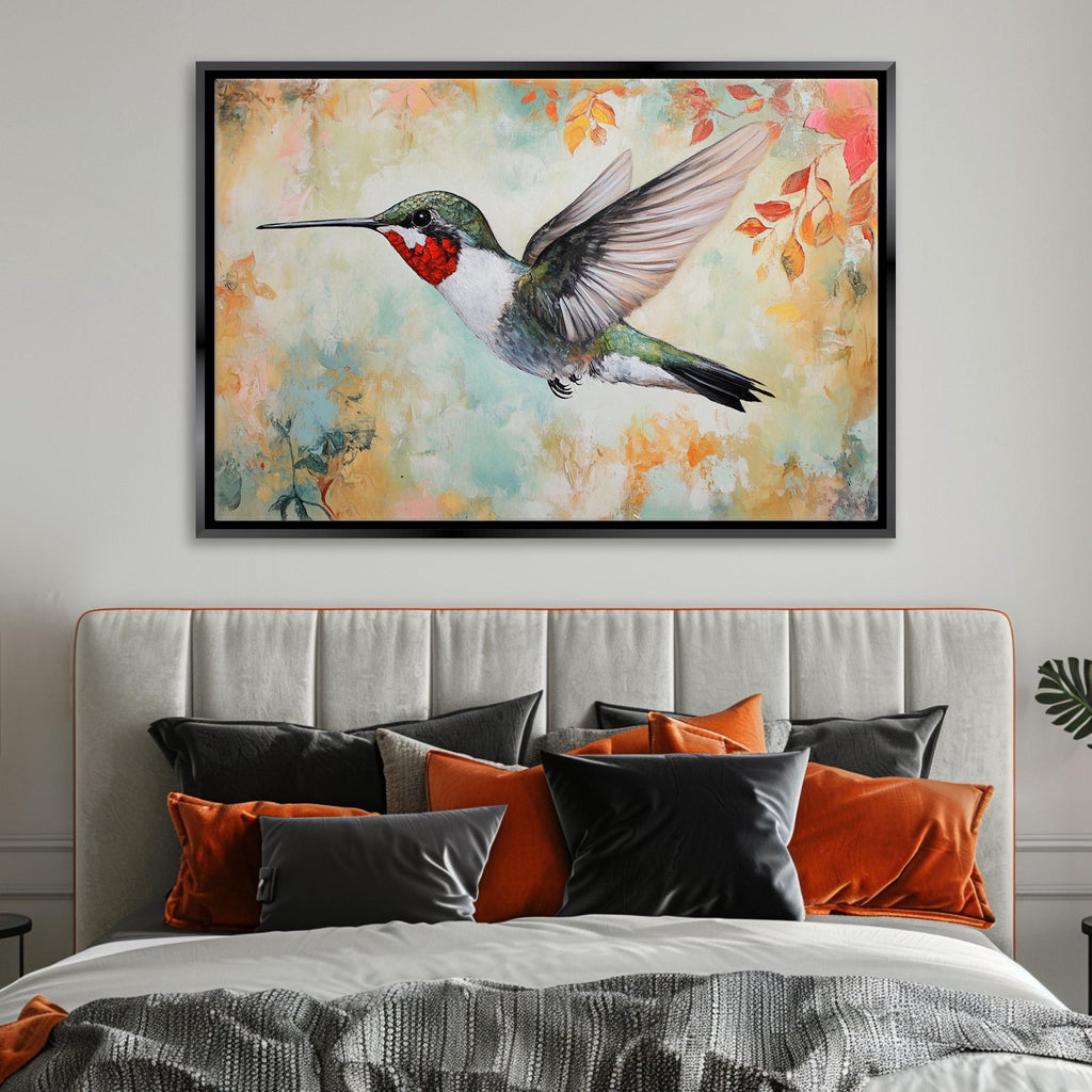 a painting of a hummingbird flying over a bed