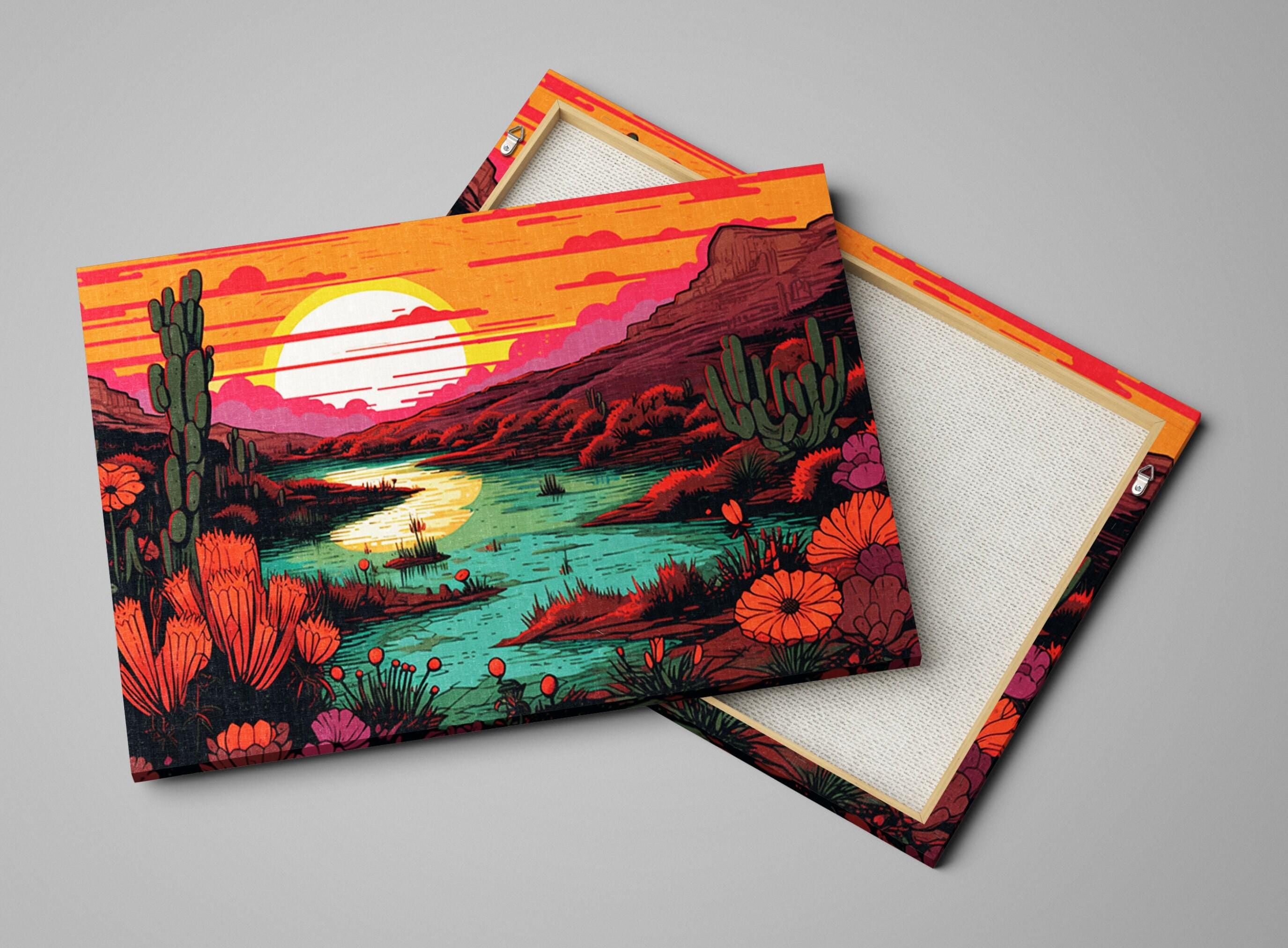 Desert Landscape Art – Linocut Style Canvas | Gallery Wrapped Ready to Hang