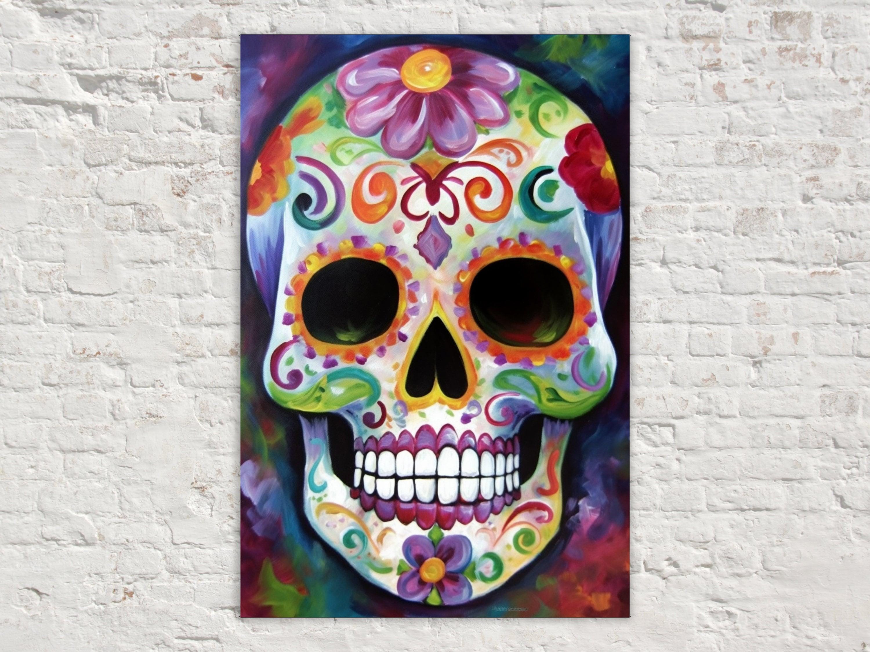 Sugar Skull Wall Art – Colorful Day of the Dead Art on Large Giclee Canvas Print