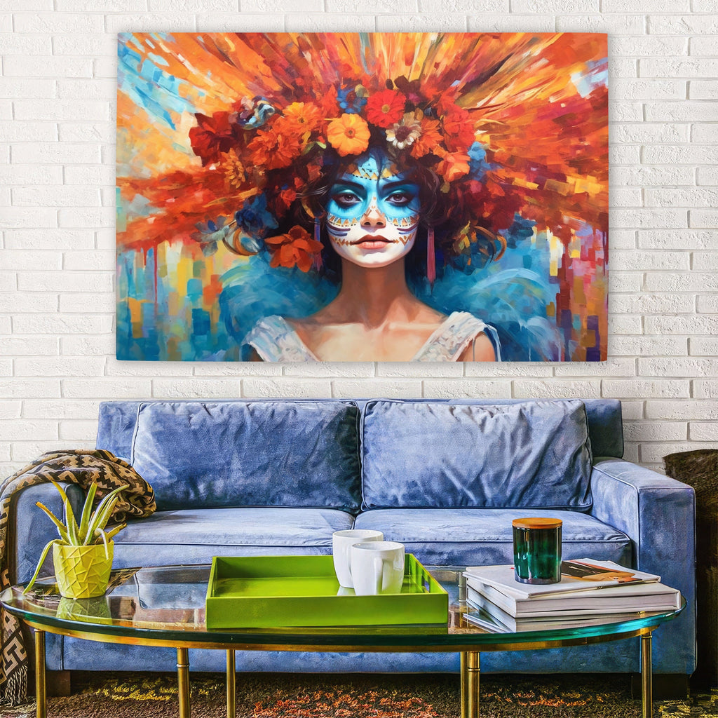 Day of the Dead Art - Large Canvas Sugar Skull Wall Art With Vibrant Flower Hair