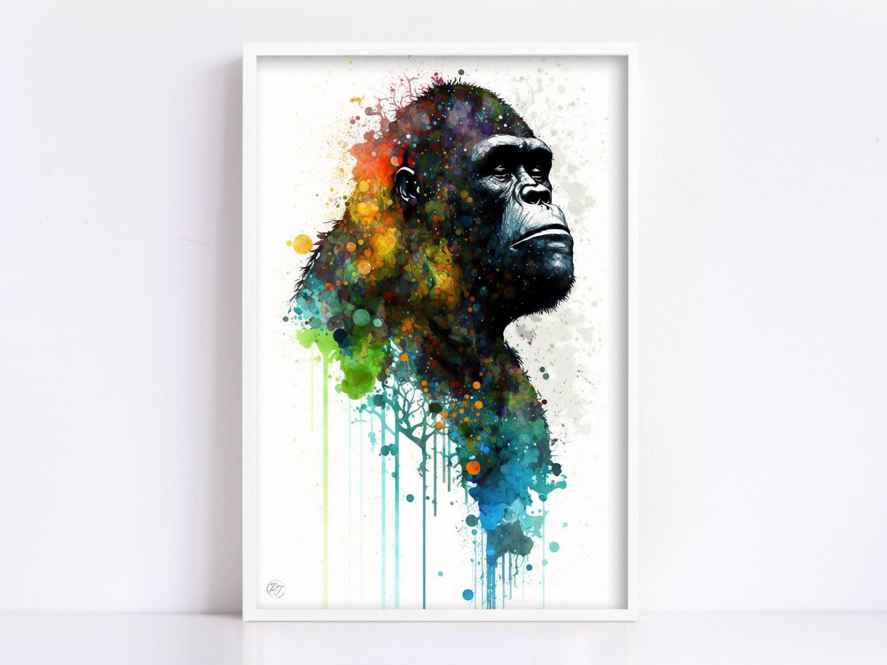 Wildlife Elegance: Gorilla Watercolor Painting, Giclee Print on Canvas, Artist Paper, Watercolor Paper, Available in Extra Large Sizes