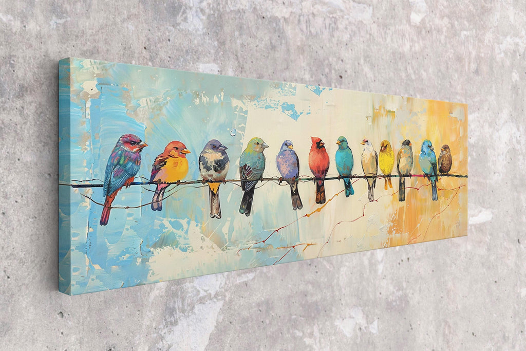A painting of a group of colorful birds perched on a wire against a textured background.