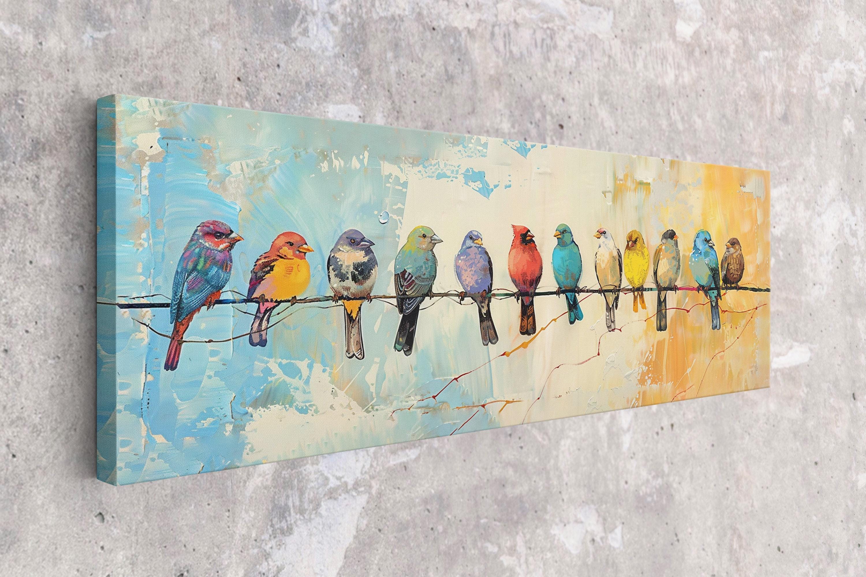 A painting of a group of colorful birds perched on a wire against a textured background.