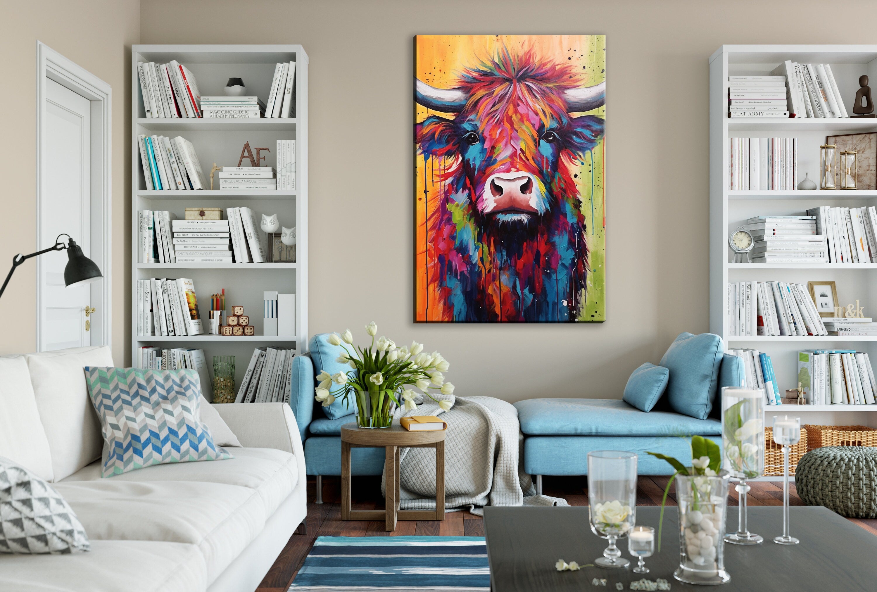 Baby Highland Cow Canvas - Colorful Rustic Calf Painting | Farmhouse Wall Art