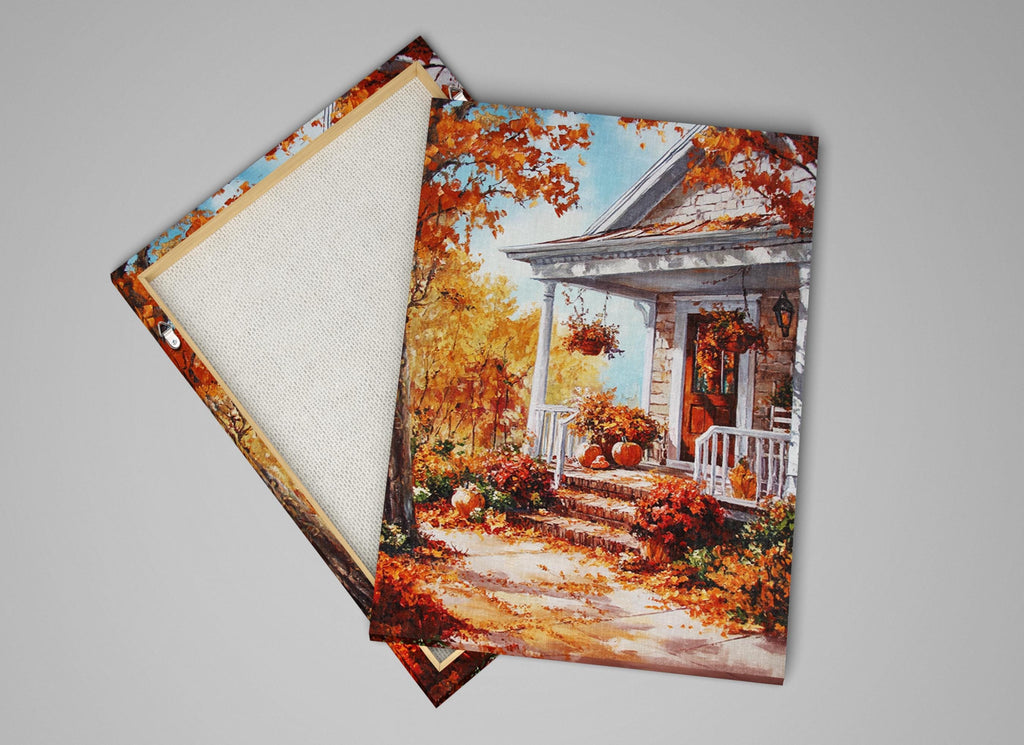 a charming autumn scene with a white house, a porch, and a path leading up to the door, surrounded by trees with orange leaves.