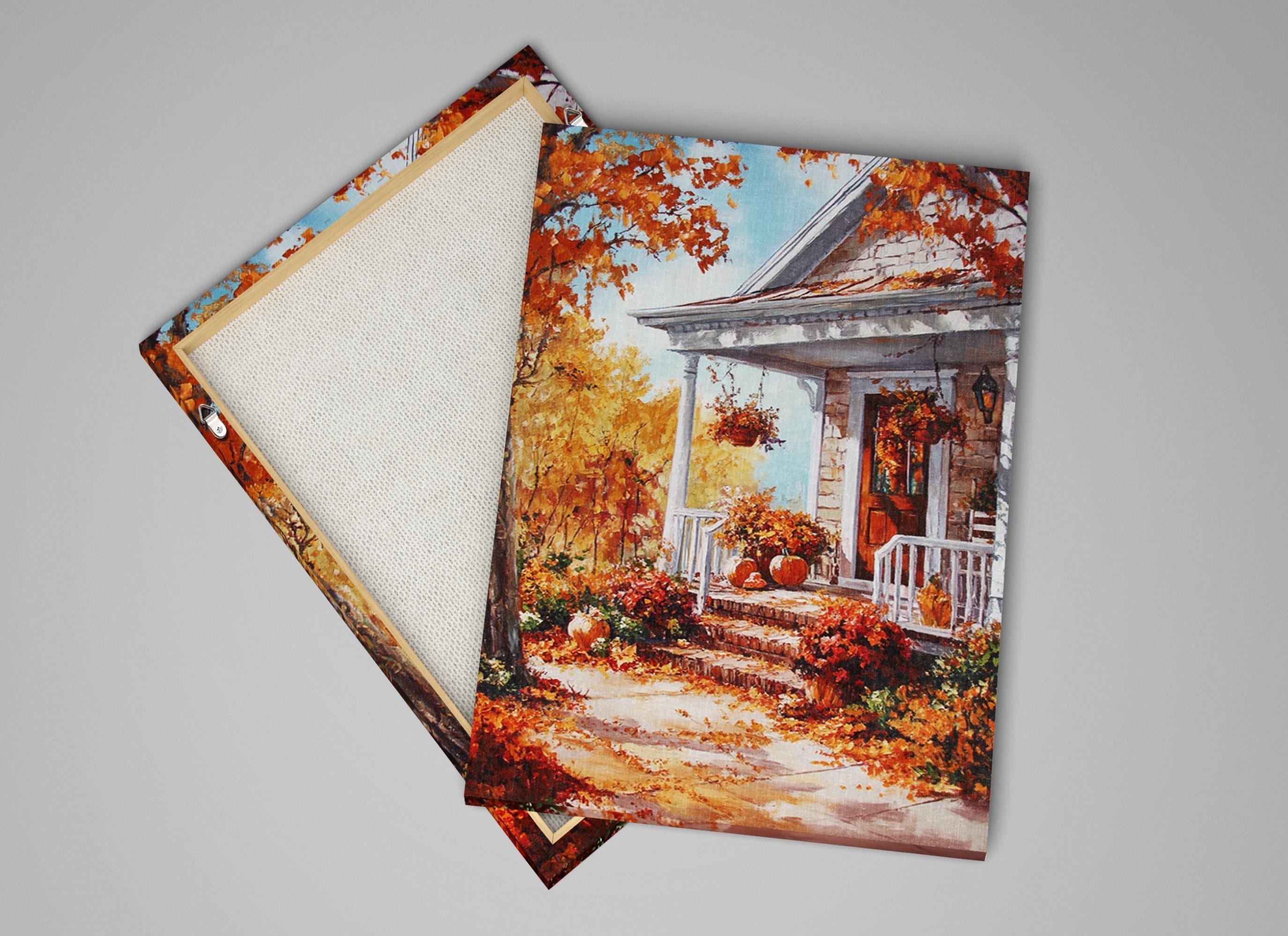 a charming autumn scene with a white house, a porch, and a path leading up to the door, surrounded by trees with orange leaves.