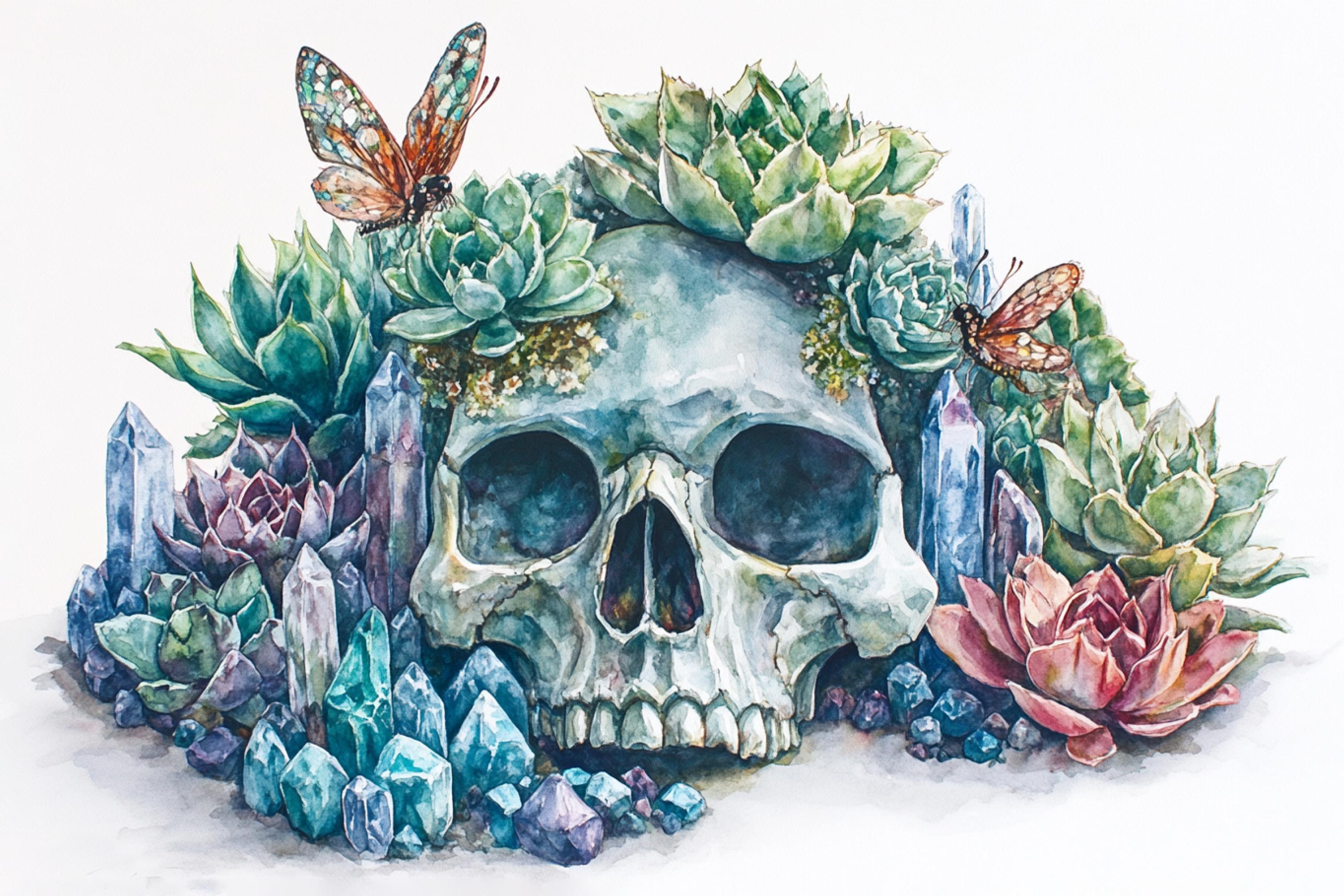 A watercolor painting depicting a skull surrounded by a variety of colorful succulents, flowers, and butterflies.