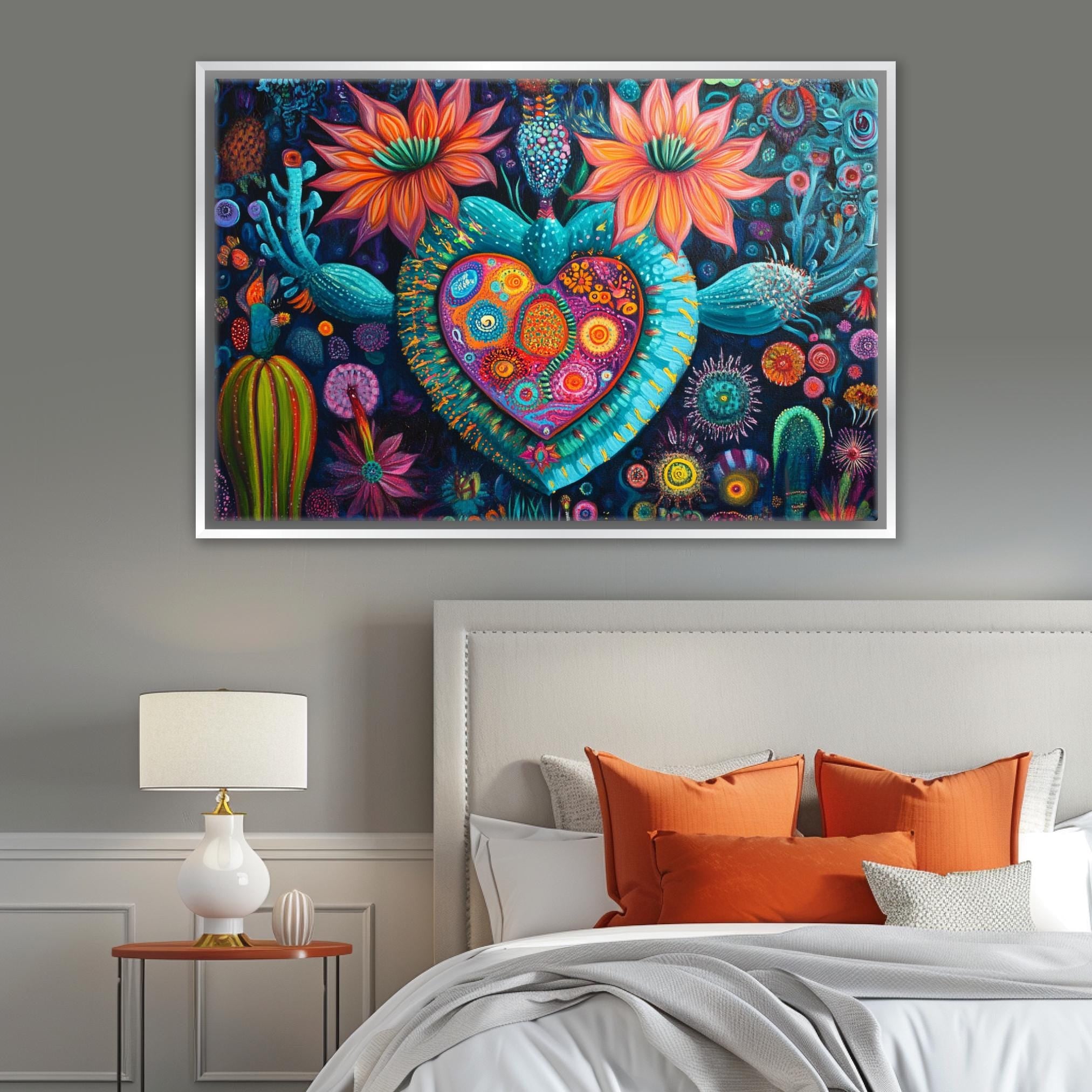 a painting of a heart on a wall above a bed