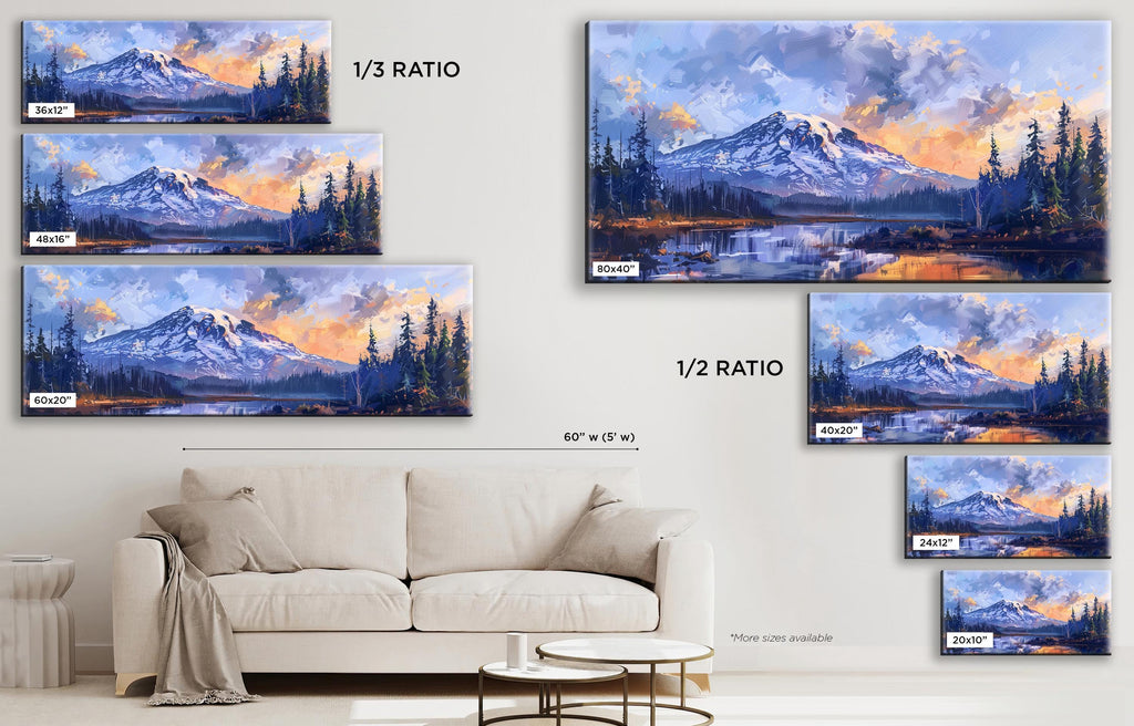 a living room with a couch and paintings on the wall