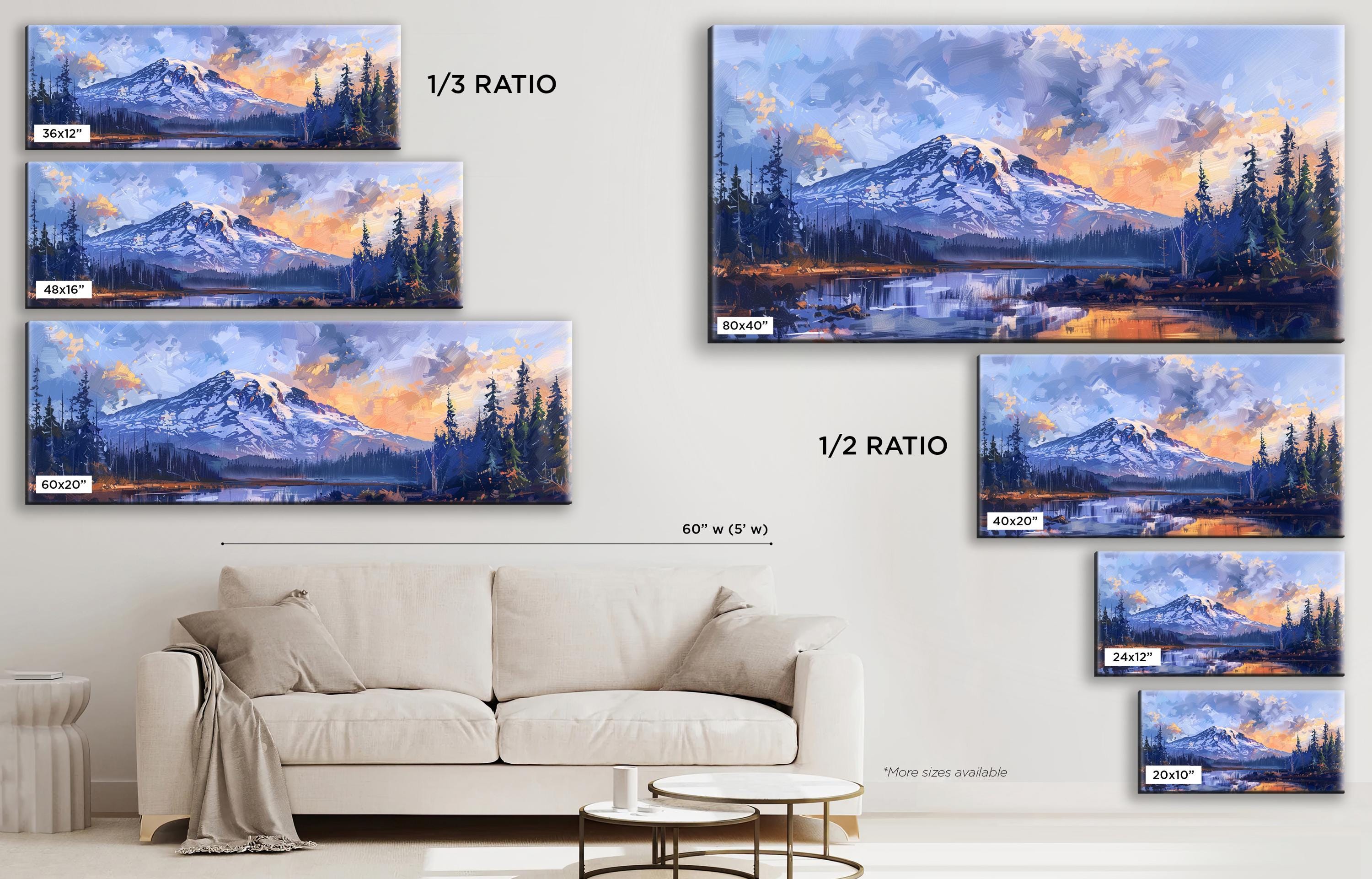 a living room with a couch and paintings on the wall