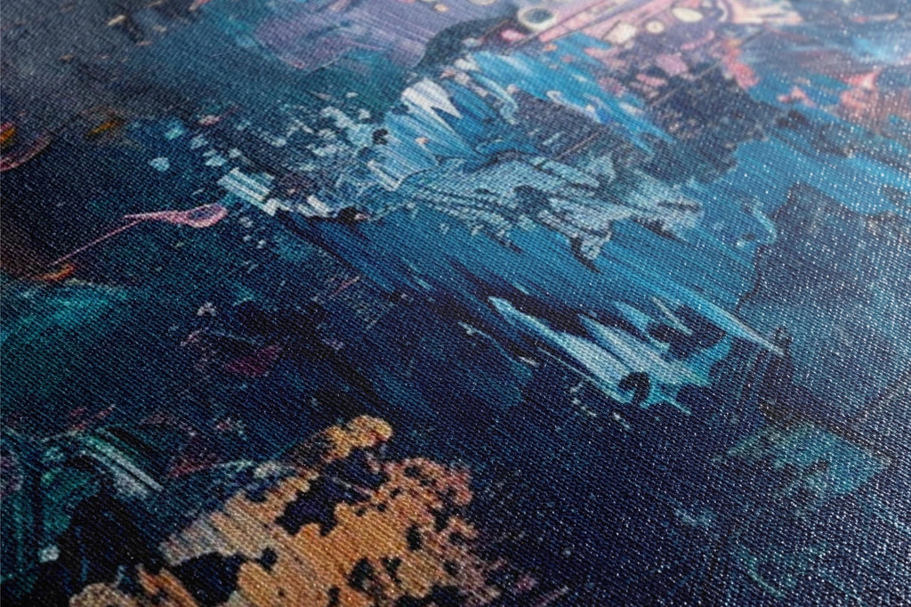a close up of a painting of a city