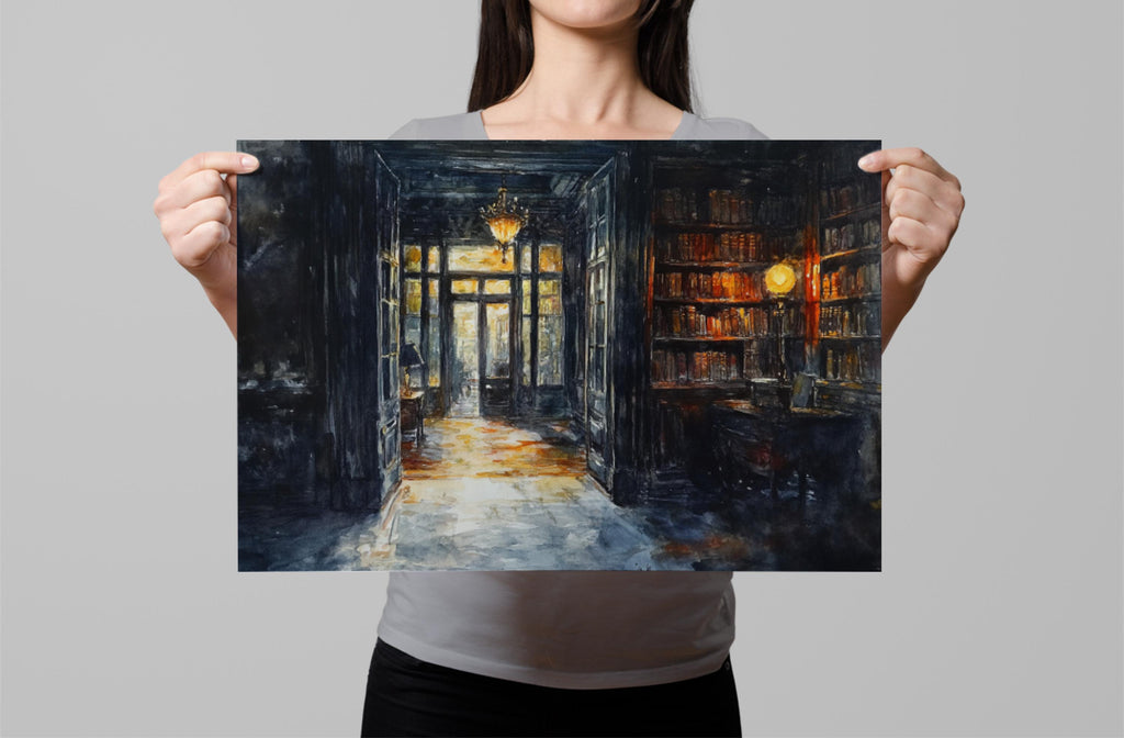 A woman holds up a framed painting depicting a dimly lit hallway with a chandelier, bookshelves, and a doorway leading to another room.