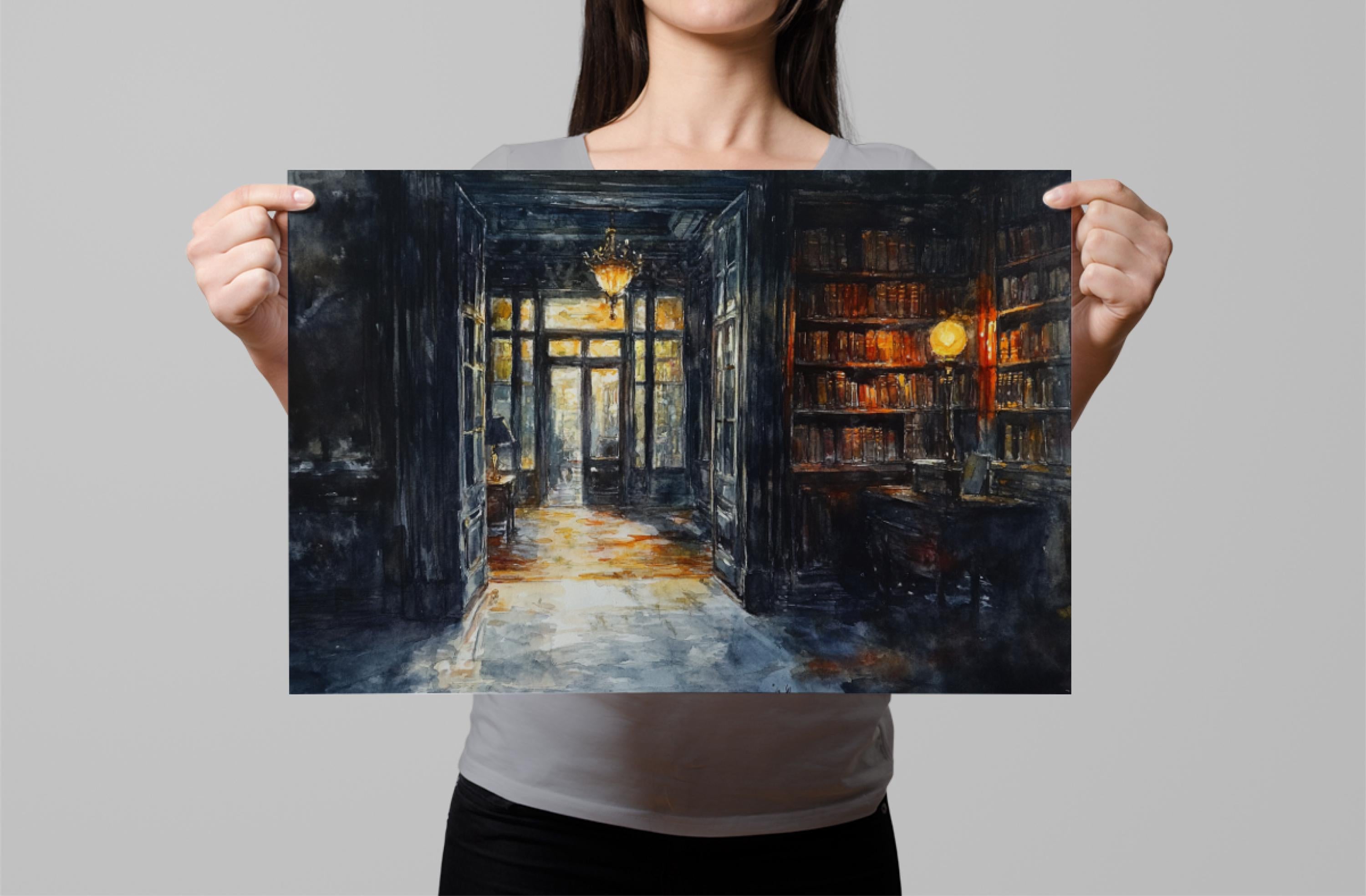 A woman holds up a framed painting depicting a dimly lit hallway with a chandelier, bookshelves, and a doorway leading to another room.