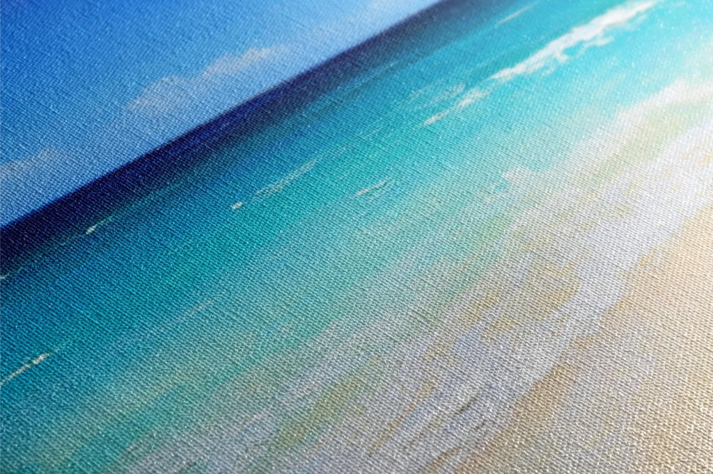 a painting of a beach with a surfboard in the water