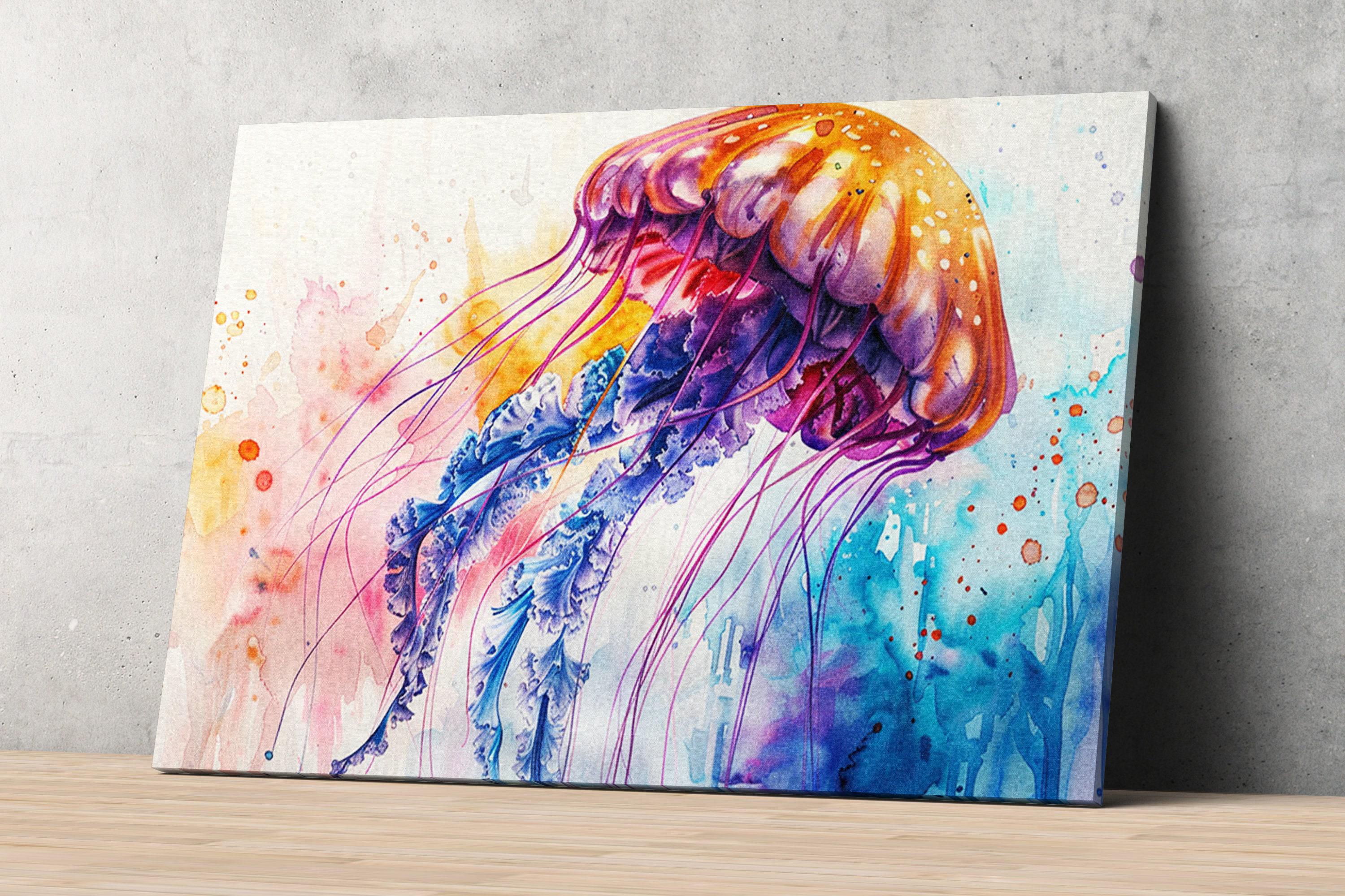 Vibrant Floating Jellyfish Watercolor, Coastal Art, Giclee Print on Canvas, Artist Paper, Watercolor Paper, Available in Extra Large Sizes