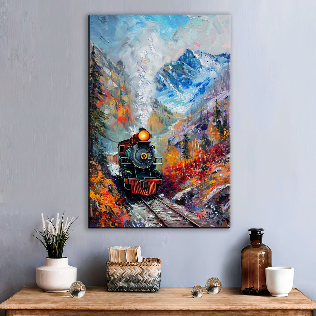 Train Station Canvas - Vintage Train Art | Fall Mountain Painting on Gallery Wrapped Canvas