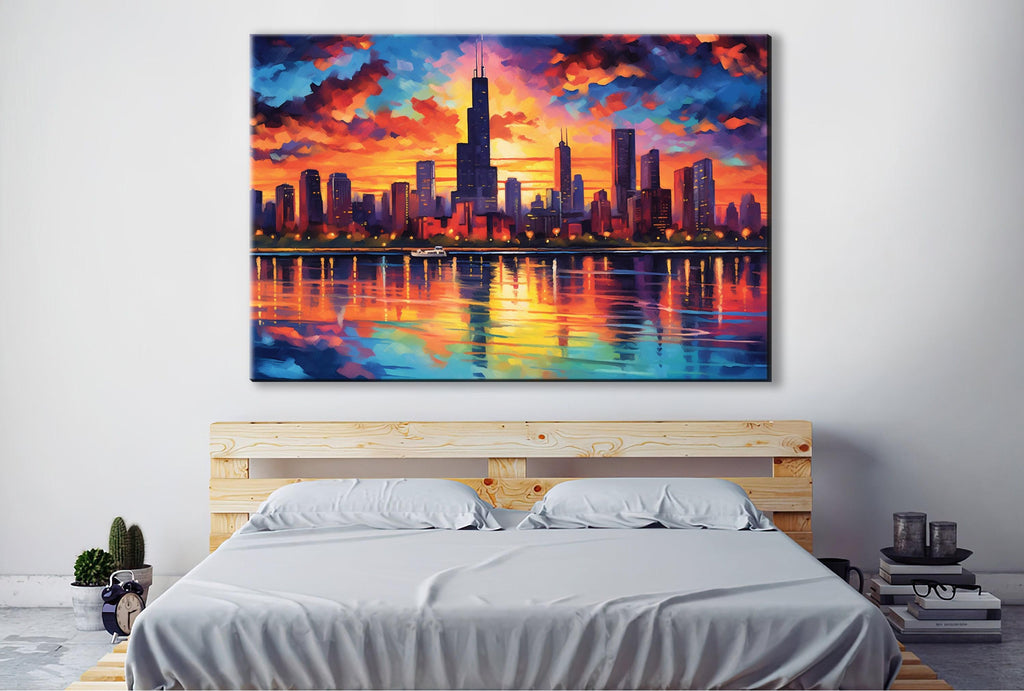 Chicago Skyline Canvas – Vibrant Cityscape Wall Art with Large Night Skyline Art