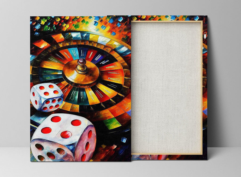 Gambling Canvas Art – Roulette Wheel Print With Dice Wall Art On Wooden Frame