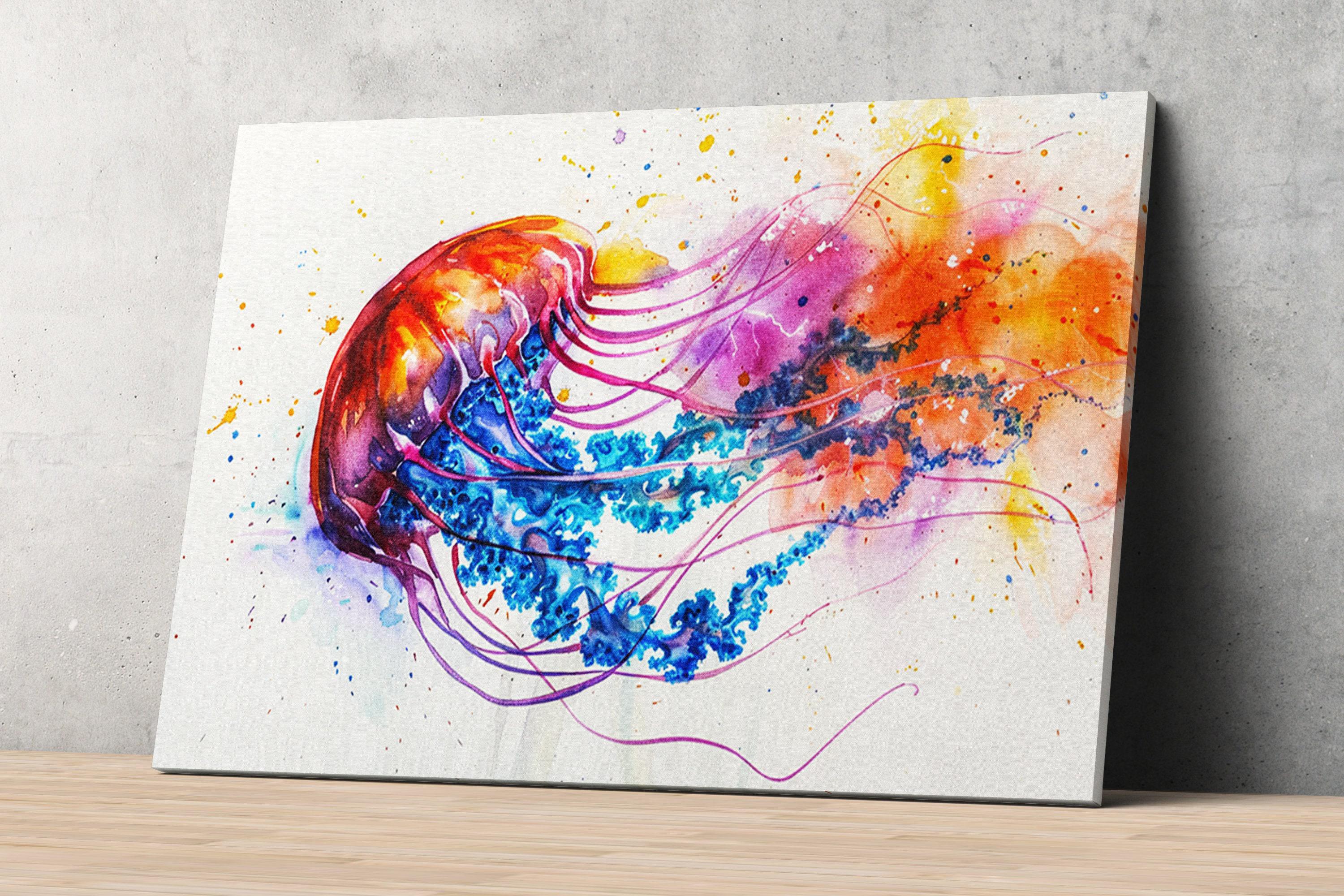 Jellyfish Watercolor Painting Wall Art, Giclee Print on Canvas, Artist Paper, Watercolor Paper, Available in Extra Large Sizes