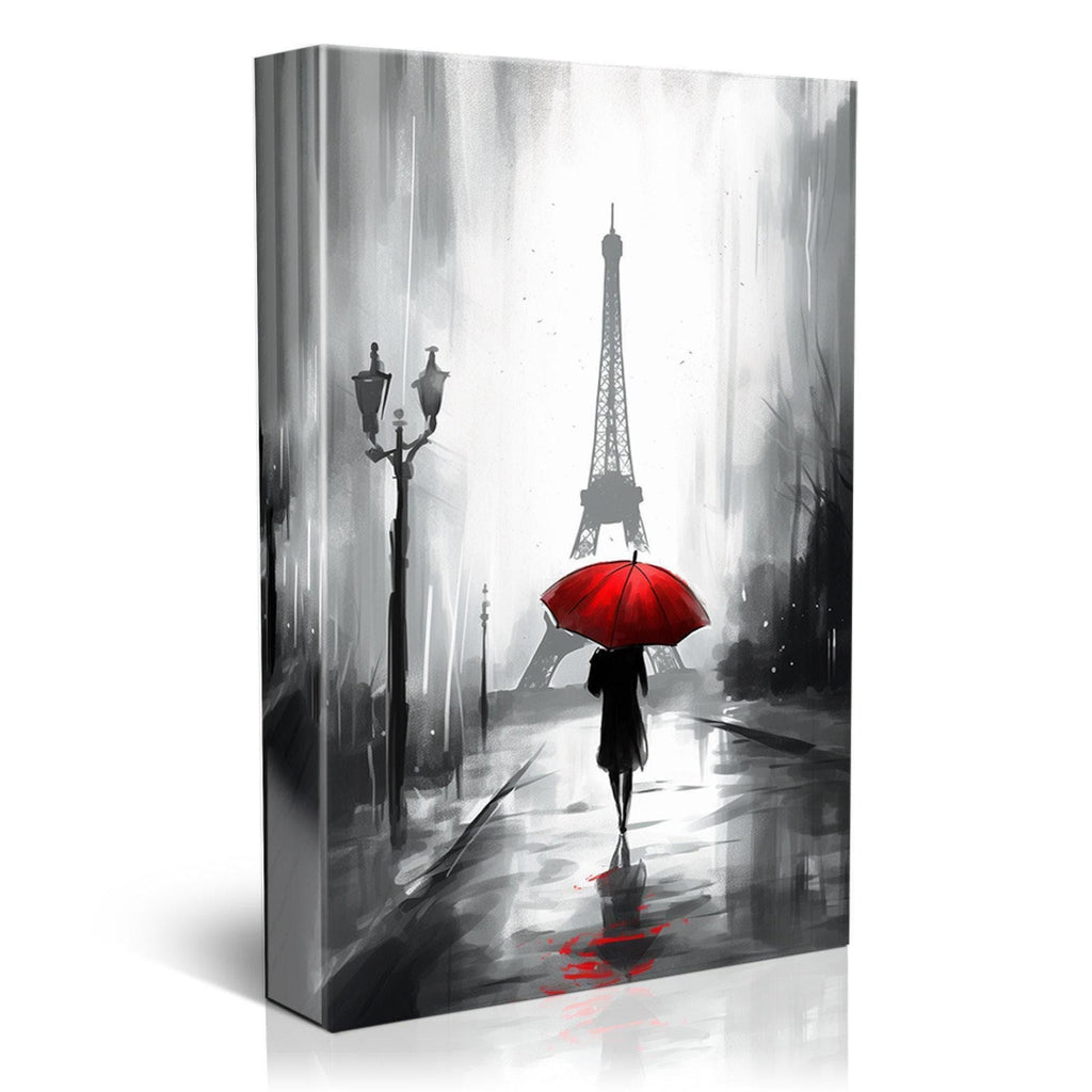 A black and white image depicting a person walking with a red umbrella in front of the Eiffel Tower, with a street lamp and other buildings in the background.