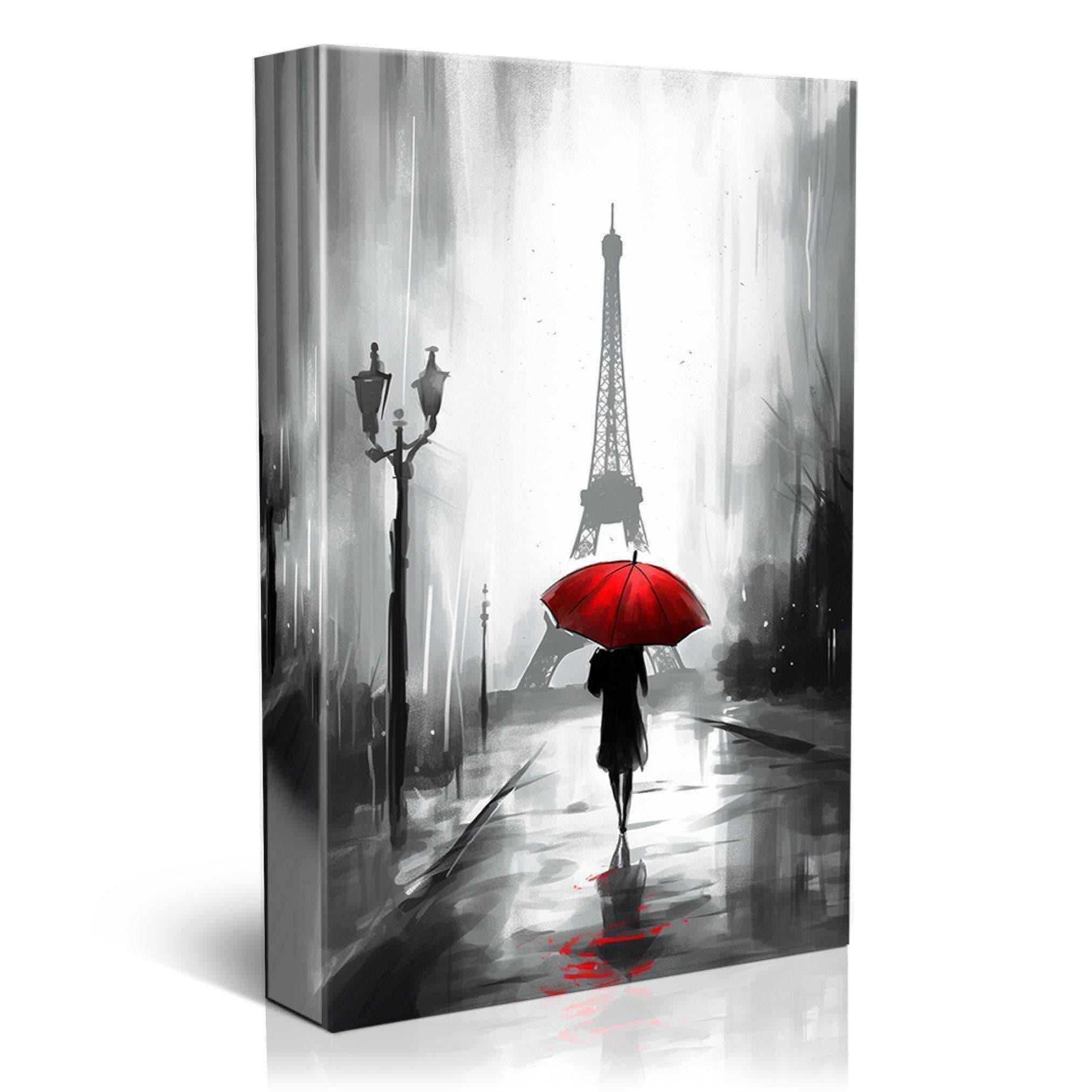 A black and white image depicting a person walking with a red umbrella in front of the Eiffel Tower, with a street lamp and other buildings in the background.
