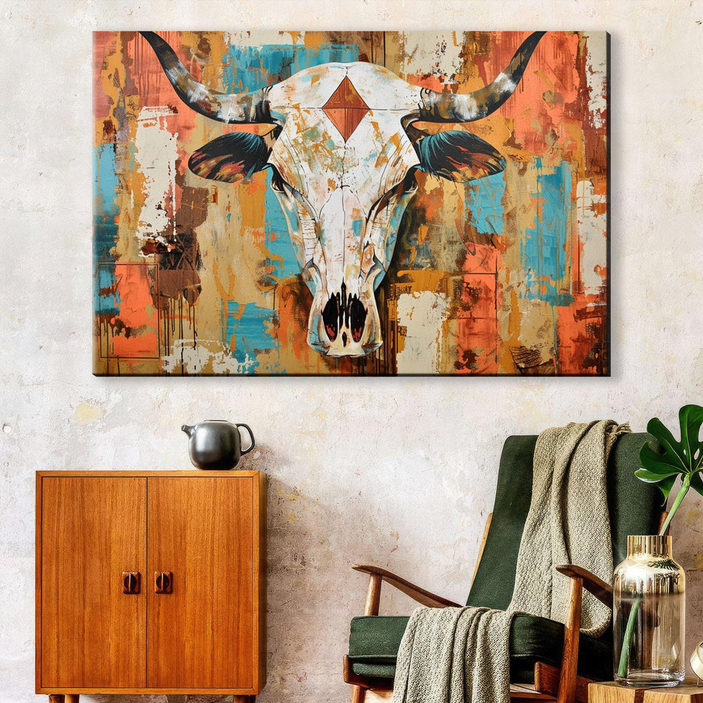 Texas Cow Skull Art | Rustic Wall Art on Gallery Wrapped Canvas - Large Print
