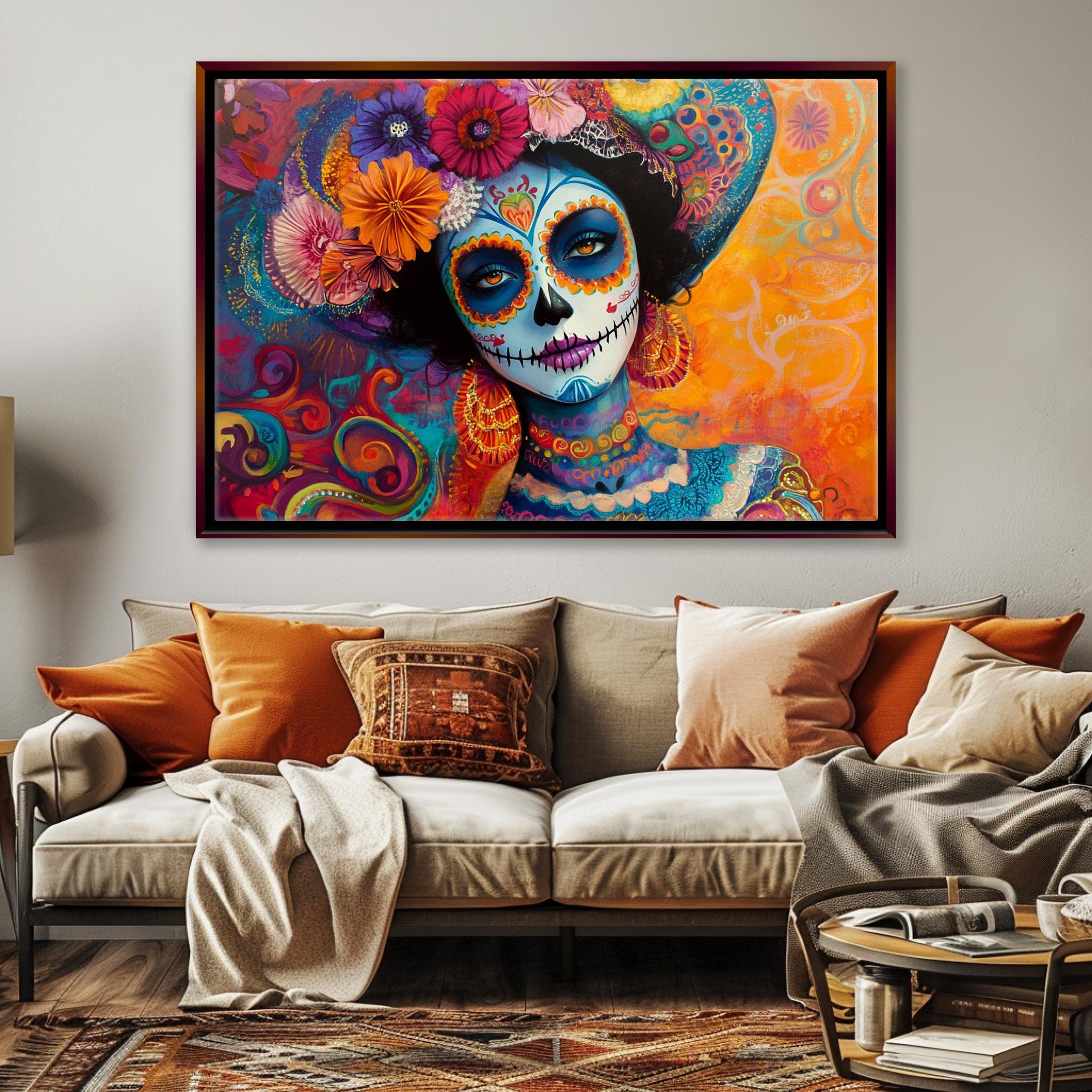 Day of the Dead Canvas - Colorful Wall Art | Extra Large Sugar Skull Print, Ready to Hang