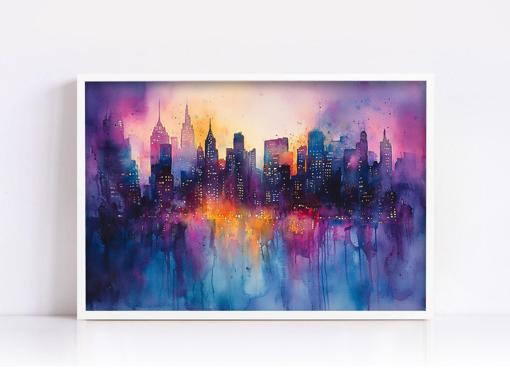The image is a vibrant watercolor painting depicting a cityscape at night, with the city's skyline illuminated by colorful lights.