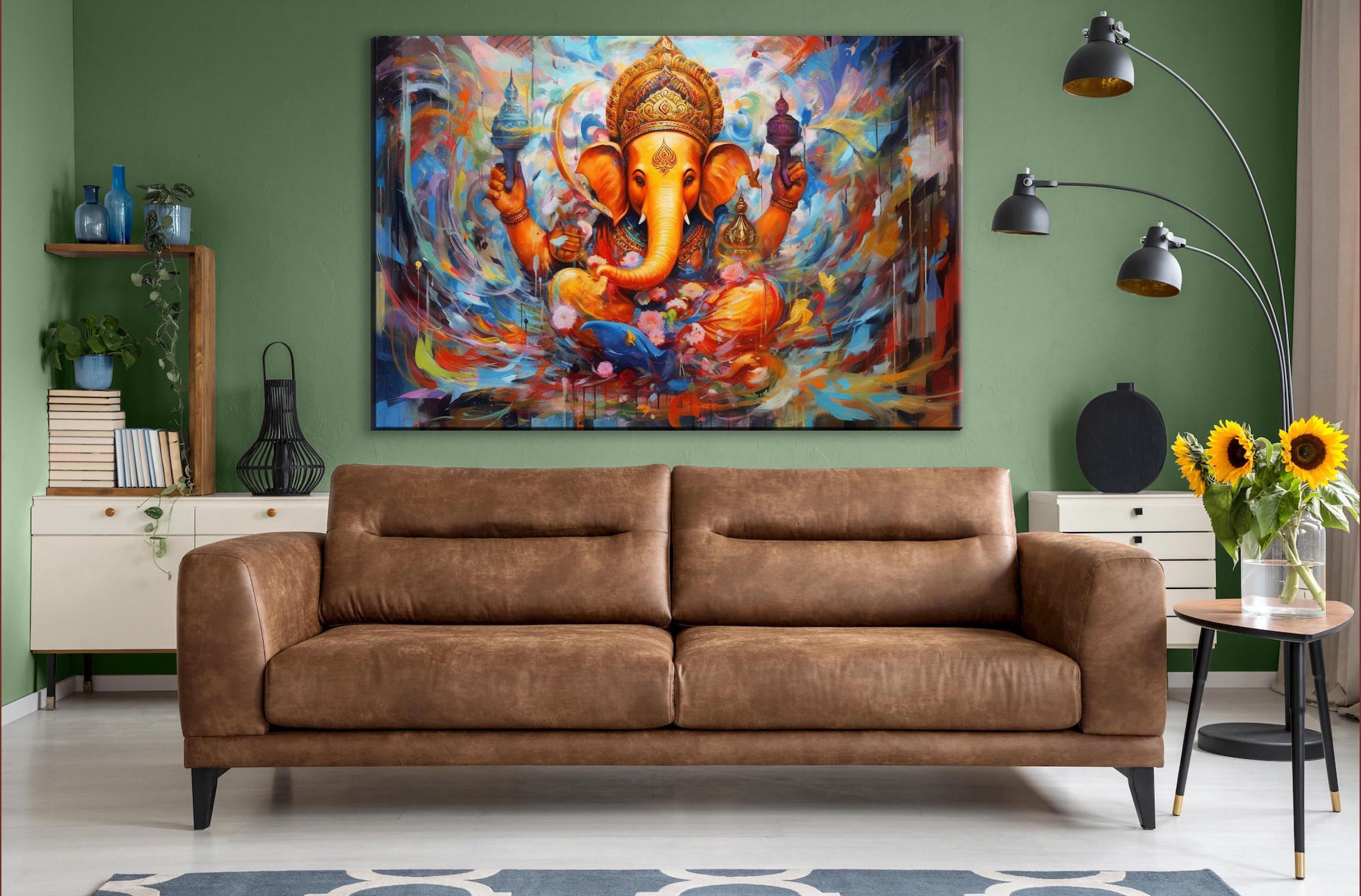 Ganesha Canvas Art – Large Hindu Wall Art With Wooden Frame | Vibrant Spiritual Painting