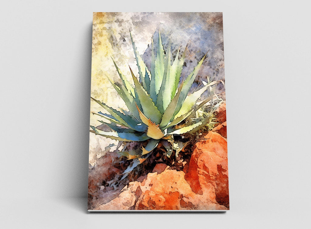 A vibrant, watercolor-style painting depicting a cactus plant with long, thin leaves and a distinctive shape, set against a rocky, reddish-brown background.