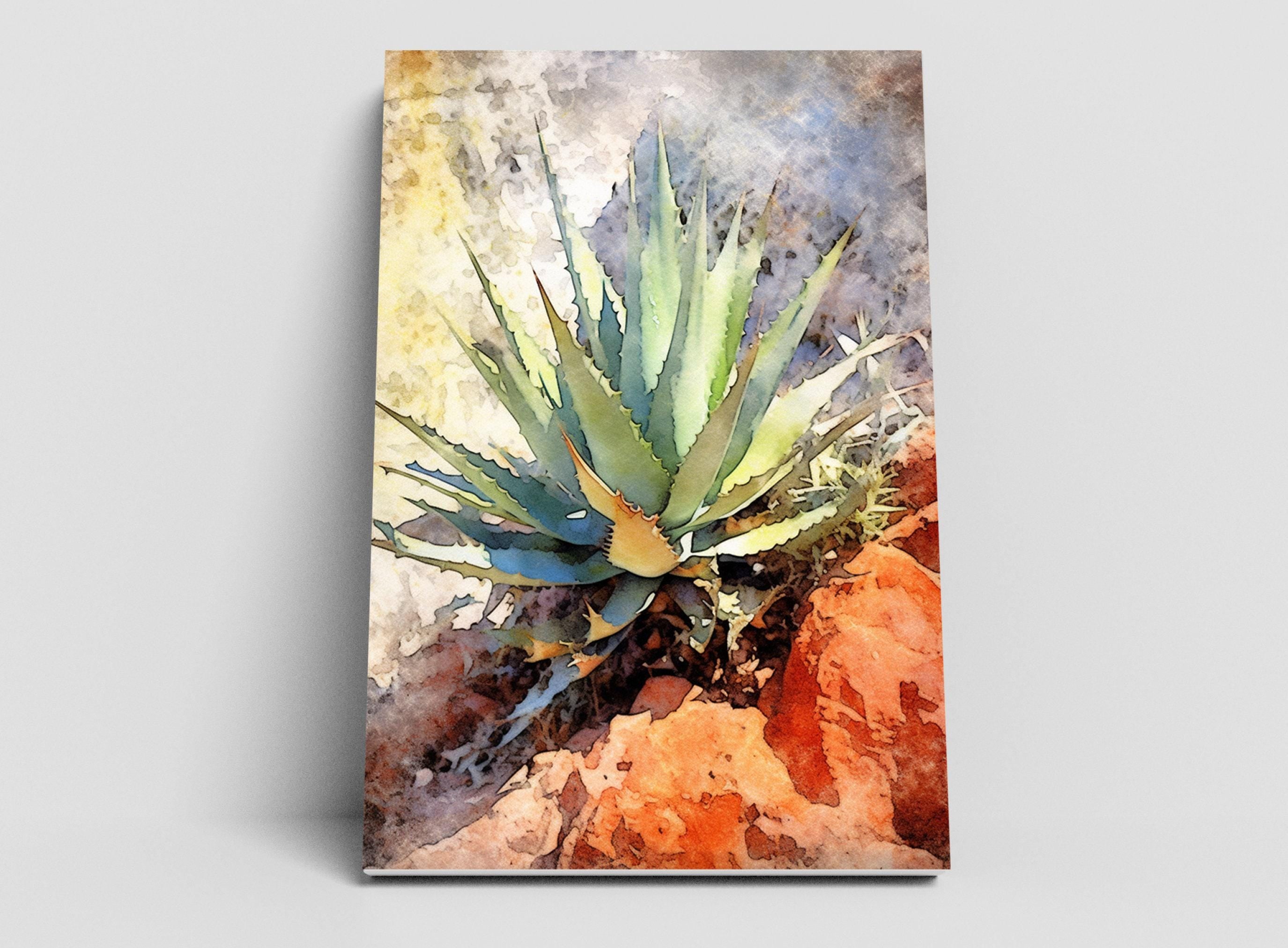 A vibrant, watercolor-style painting depicting a cactus plant with long, thin leaves and a distinctive shape, set against a rocky, reddish-brown background.