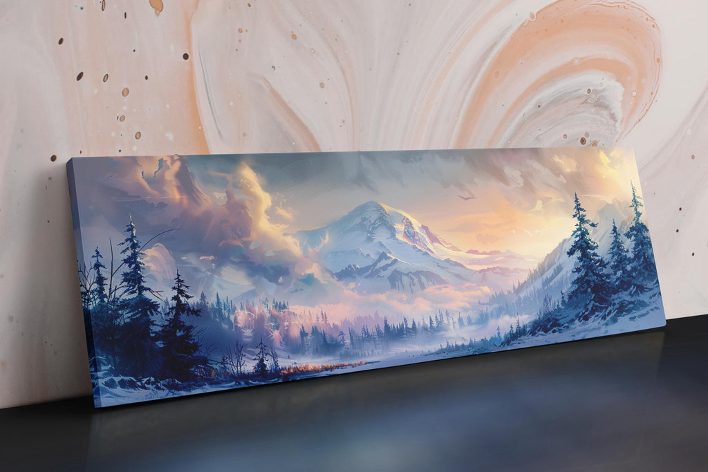 a painting of a mountain scene with pine trees