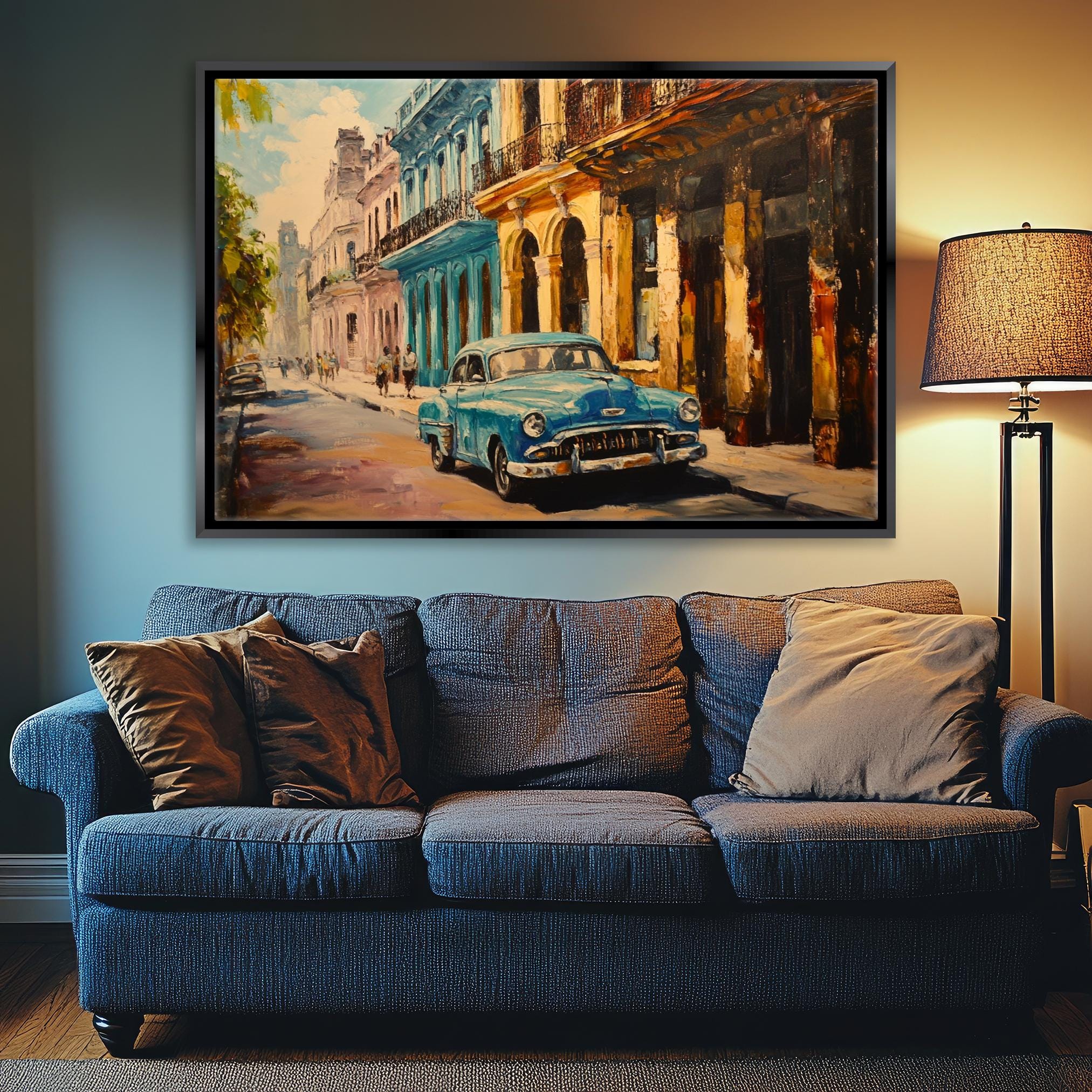 a painting of a blue car parked on a street