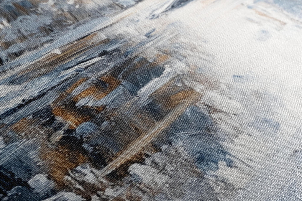 a close up of an abstract painting with brown and blue colors