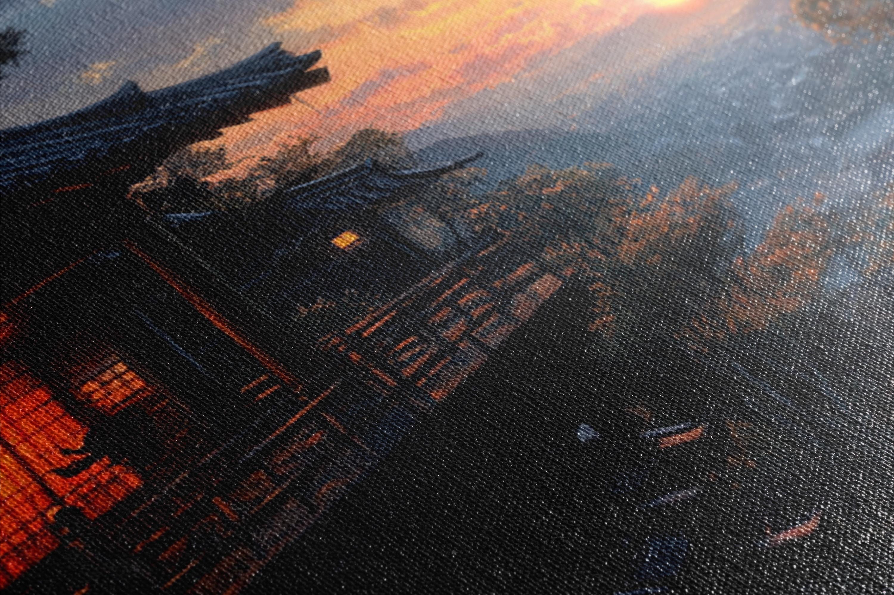 a picture of a building with a sunset in the background