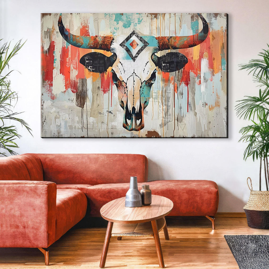 Cowboy Cow Skull Art - Rustic Wall Art | Large Canvas Print, Texas Home Decor