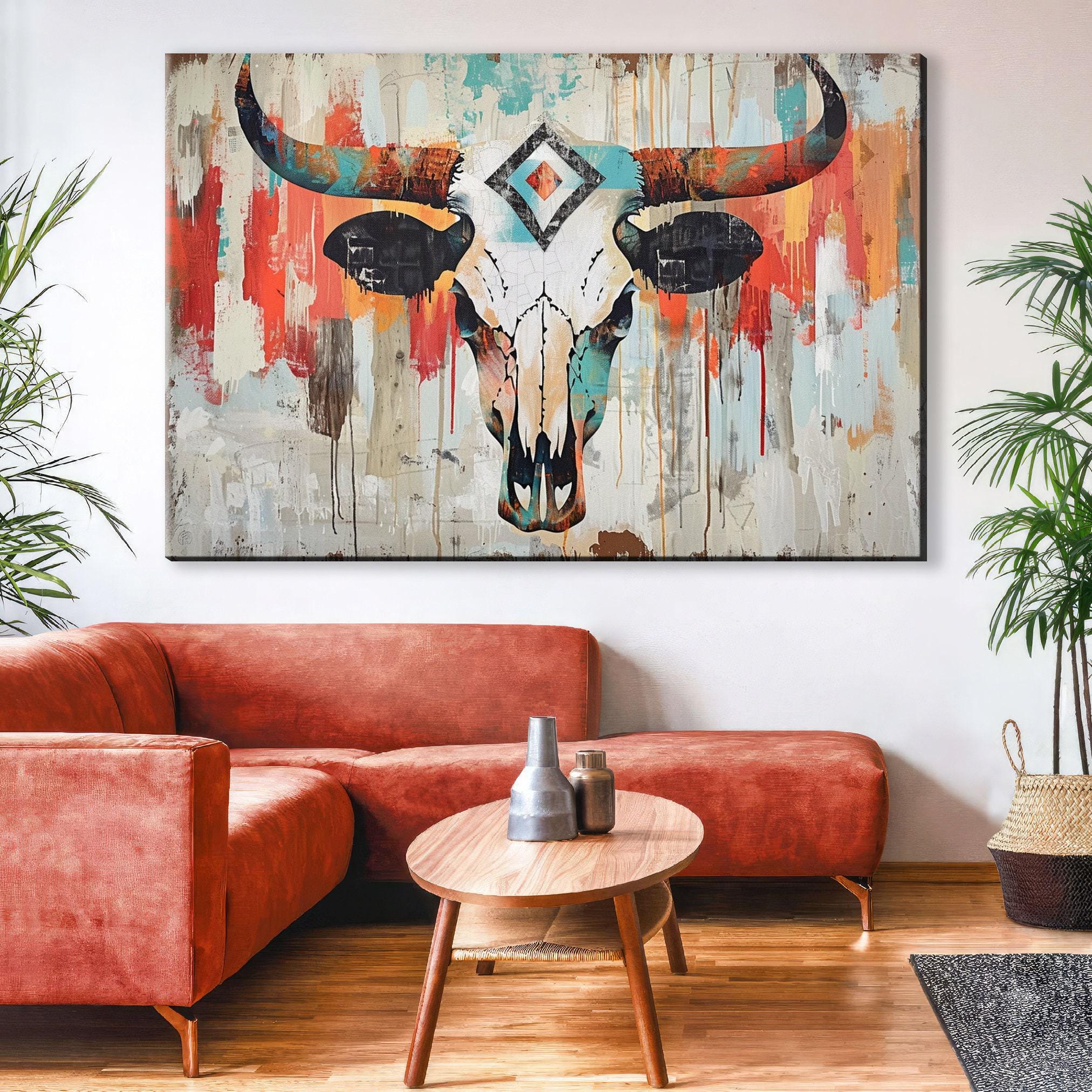 Cowboy Cow Skull Art - Rustic Wall Art | Large Canvas Print, Texas Home Decor