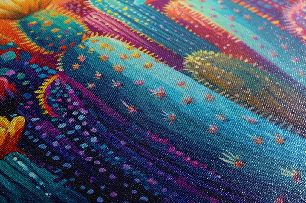 Desert Saguaro Canvas - Panoramic Wall Art | Oversized Gallery Wrap | Vibrant Cactus Bloom Painting