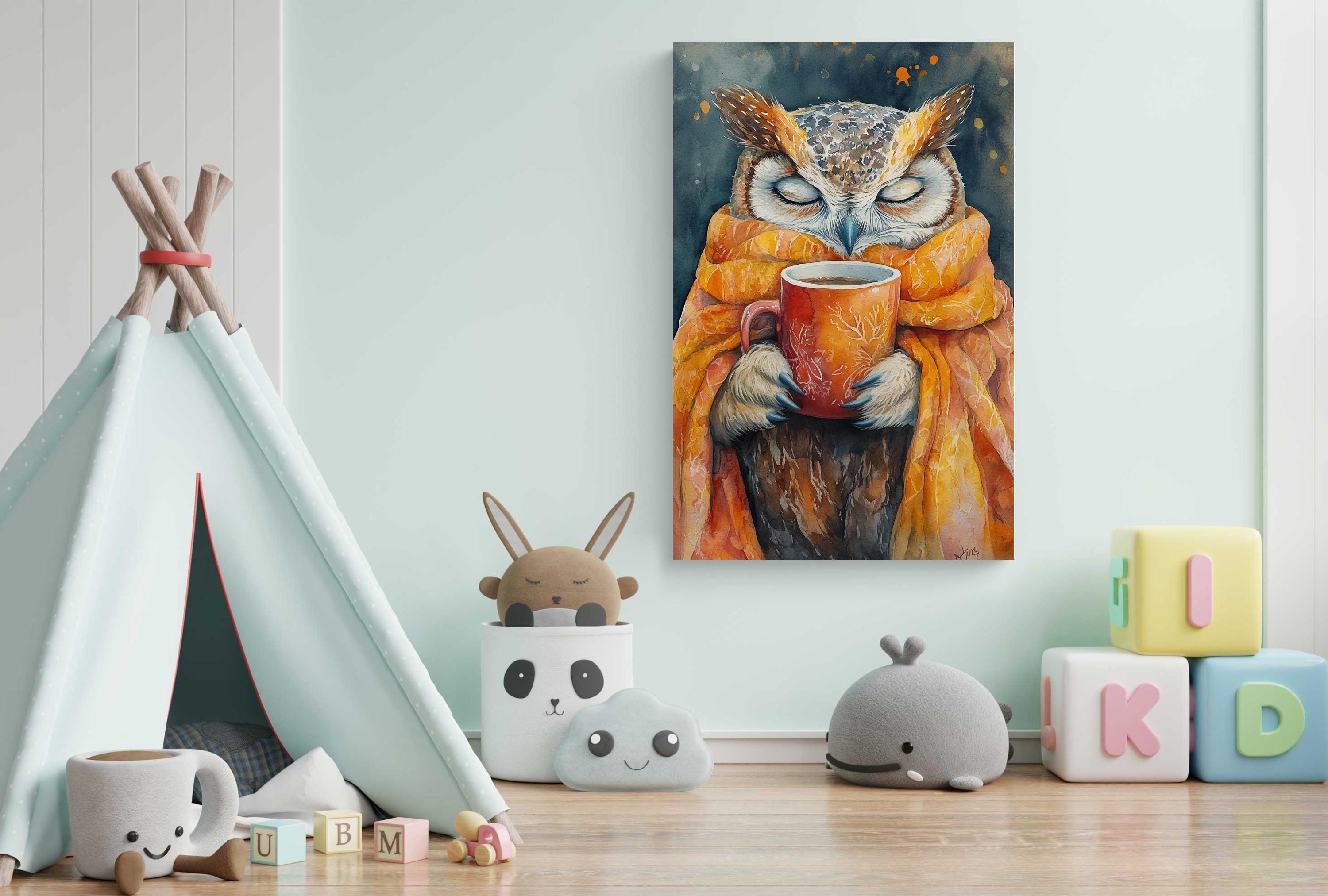 a whimsical scene with a tiki tent, stuffed animals, and a large painting of an owl holding a mug.