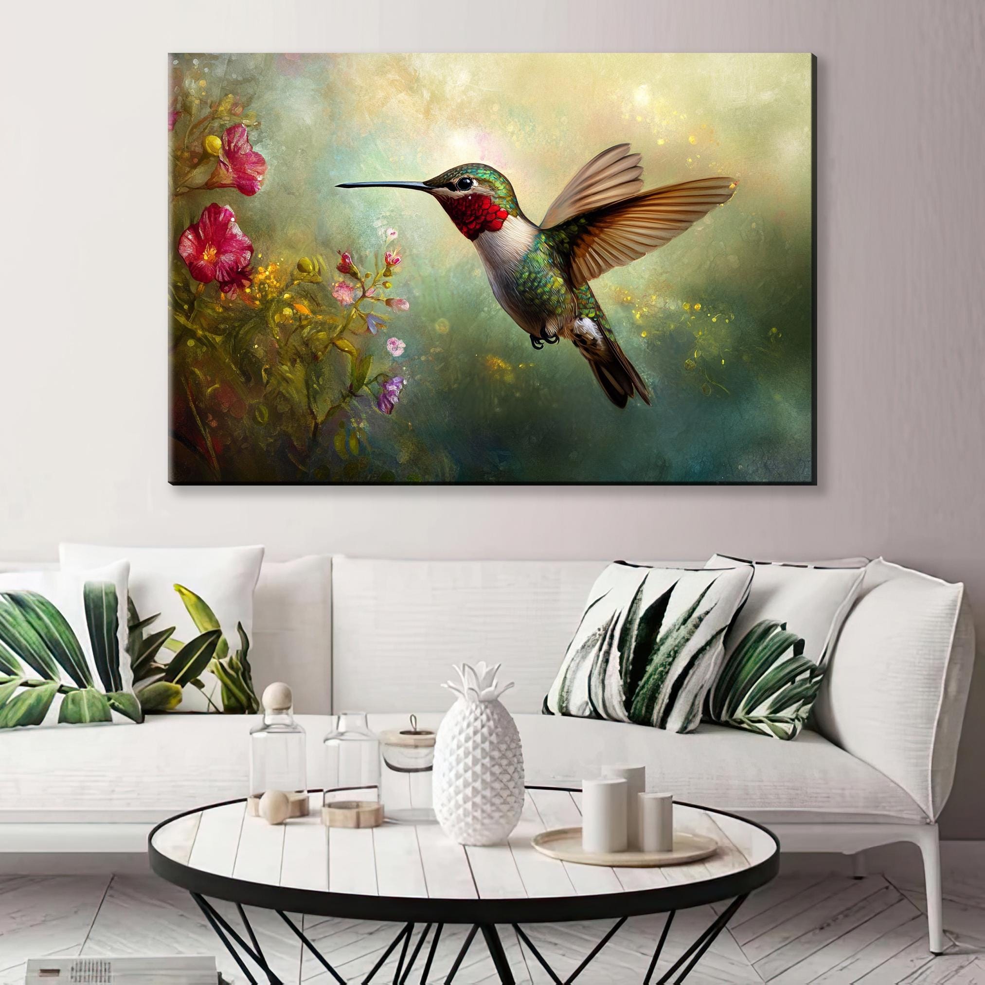 a painting of a hummingbird flying over flowers