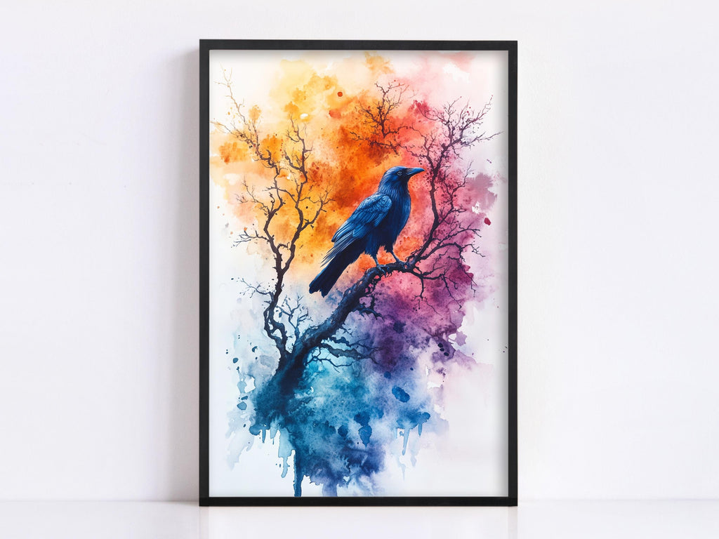 A framed watercolor painting depicting a blue bird perched on a tree branch with vibrant orange, pink, and blue splashes of color.